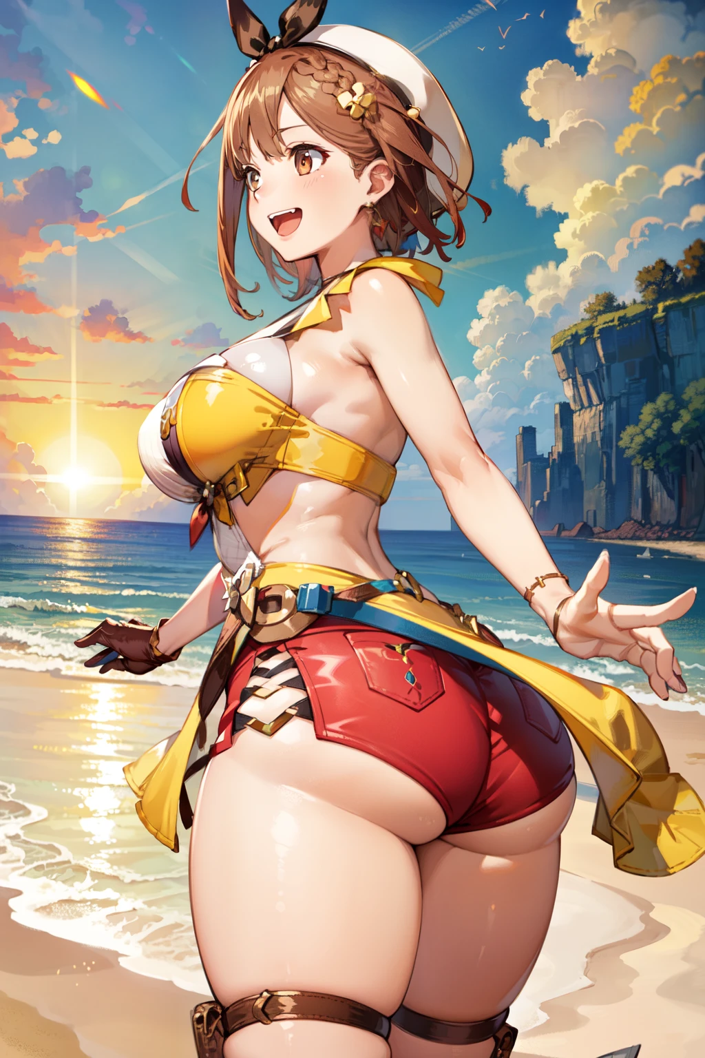 masterpiece, best quality, high resolution, extremely detailed CG, 2ndDefault, Asymmetrical Designed Costume, bare thighs, belt, breasts, ass, laughing, beach