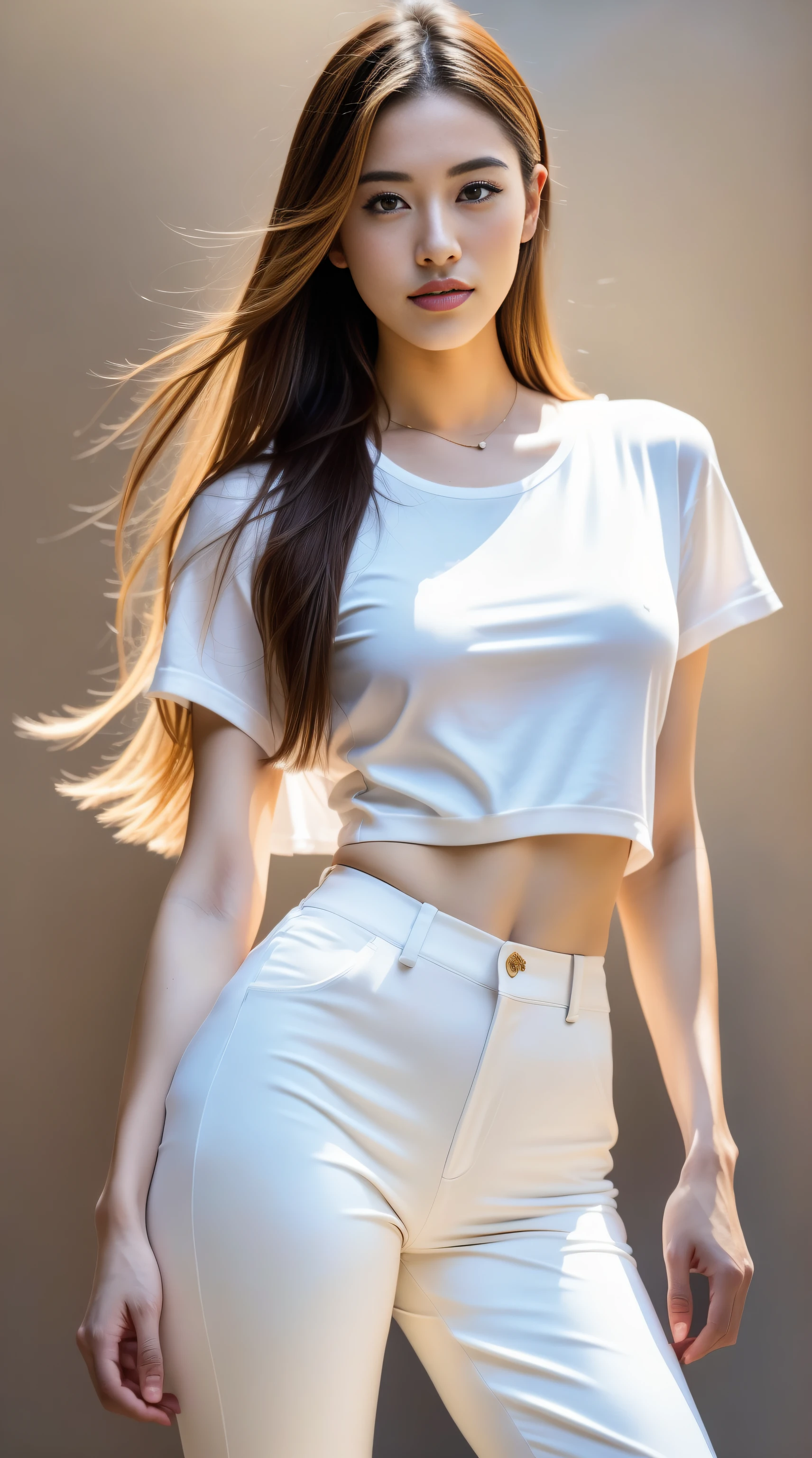 Fashion model 20 years old [[[[Close-up cleavage]]]], [[[[climaxing]]]], [[[[rapeseed]]]], [[[[shoulder]]]], perfect  eyes, Perfect iris，perfect lips，perfect teeth，Perfect Skin，soft front lighting，glowing light，HighDynamicRange，Pure white costume，tee shirt，Cropped pantully body photo，4K Ultra HD, 超高分辨率, (realistically: 1.4), Best quality，tmasterpiece，Ultra-diluted，（pastel colour：1.2）