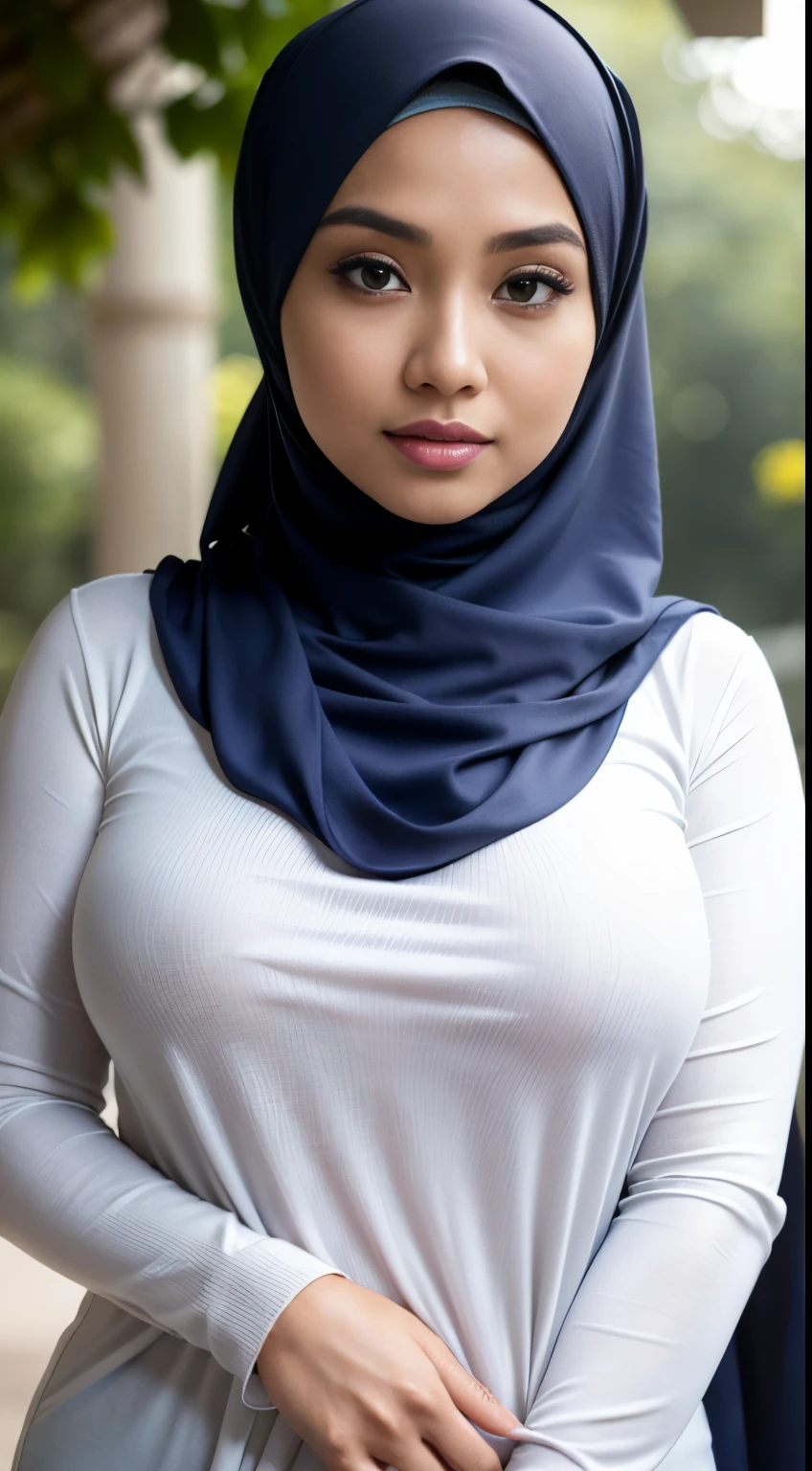 RAW, Best quality, high resolution, Masterpiece: 1.3), Beautiful Malay woman in hijab, Masterpiece, Perfect slim body, (Big breasteautiful big eyes, Soft smile, Wearing a long, fine knit turtleneck t-shirt,Hair tie, morning walk, City park, Good lighting, Bright colors, Clean linesclose up image of a Malay woman wearing a hijap in a white shirt and blue shawl, wearing a white hijab, wearing a blouse with white sleeves, clear curved details, a seamless white tights suit, open chest v shirt, open jacket wide cleavage, the shirt  touching, beautiful design, close photo up half body, close up photo, attractive feminine curves, wearing a shirt, hijab, revealing clothes