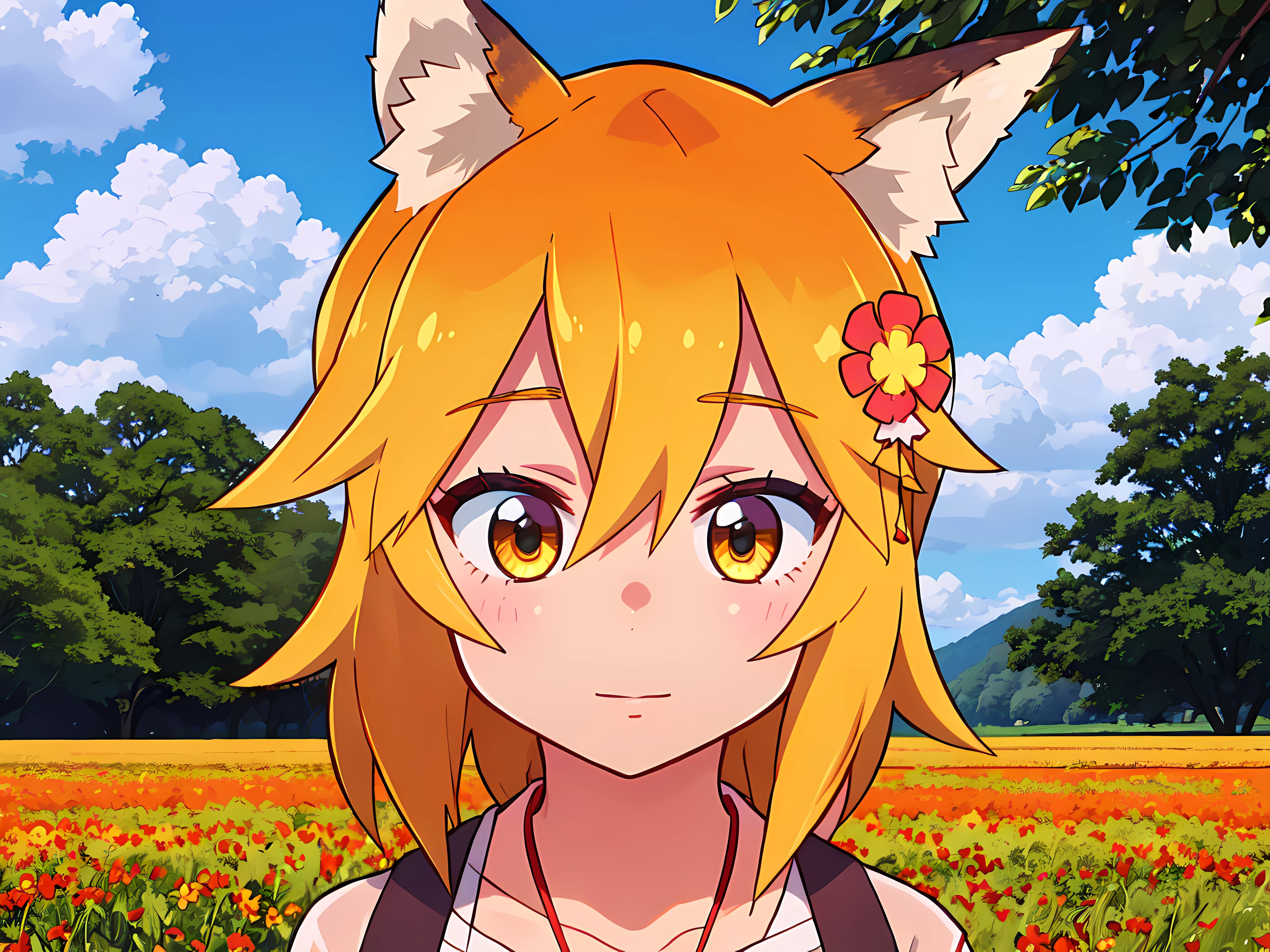 A girl, Fox ears, field, Orange flowers. Super detailed, Detailed ears, Detail Eyes, Girls 4K, Detailed flowers, beautiful clouds, detailed blocks, Beautiful trees, trees in the background, Detailed trees, Girl close-up, body