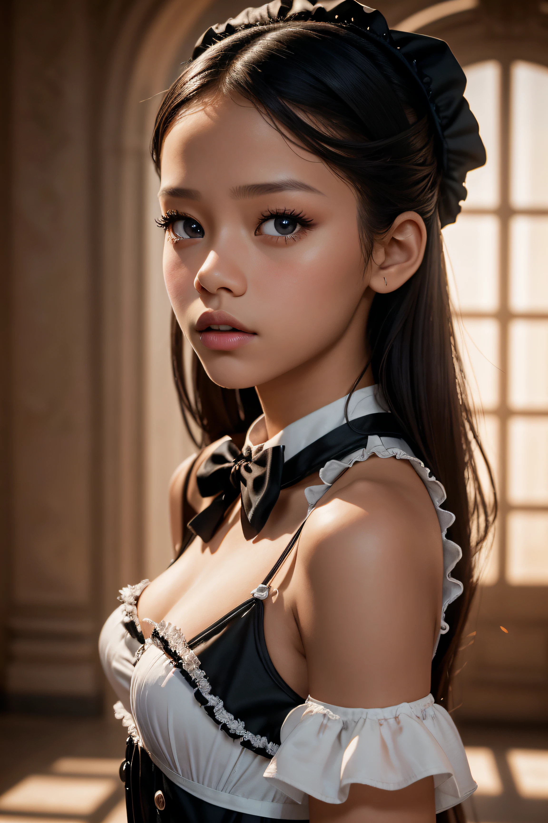 Jenna Ortega, wearing french maid sexy clothes. professionally retouched, soft lighting, realistic, smooth face, perfect eyes, sharp focus on eyes, 8 k, high definition, insanely detailed, intricate, elegant. in a Eiffel Tower background.