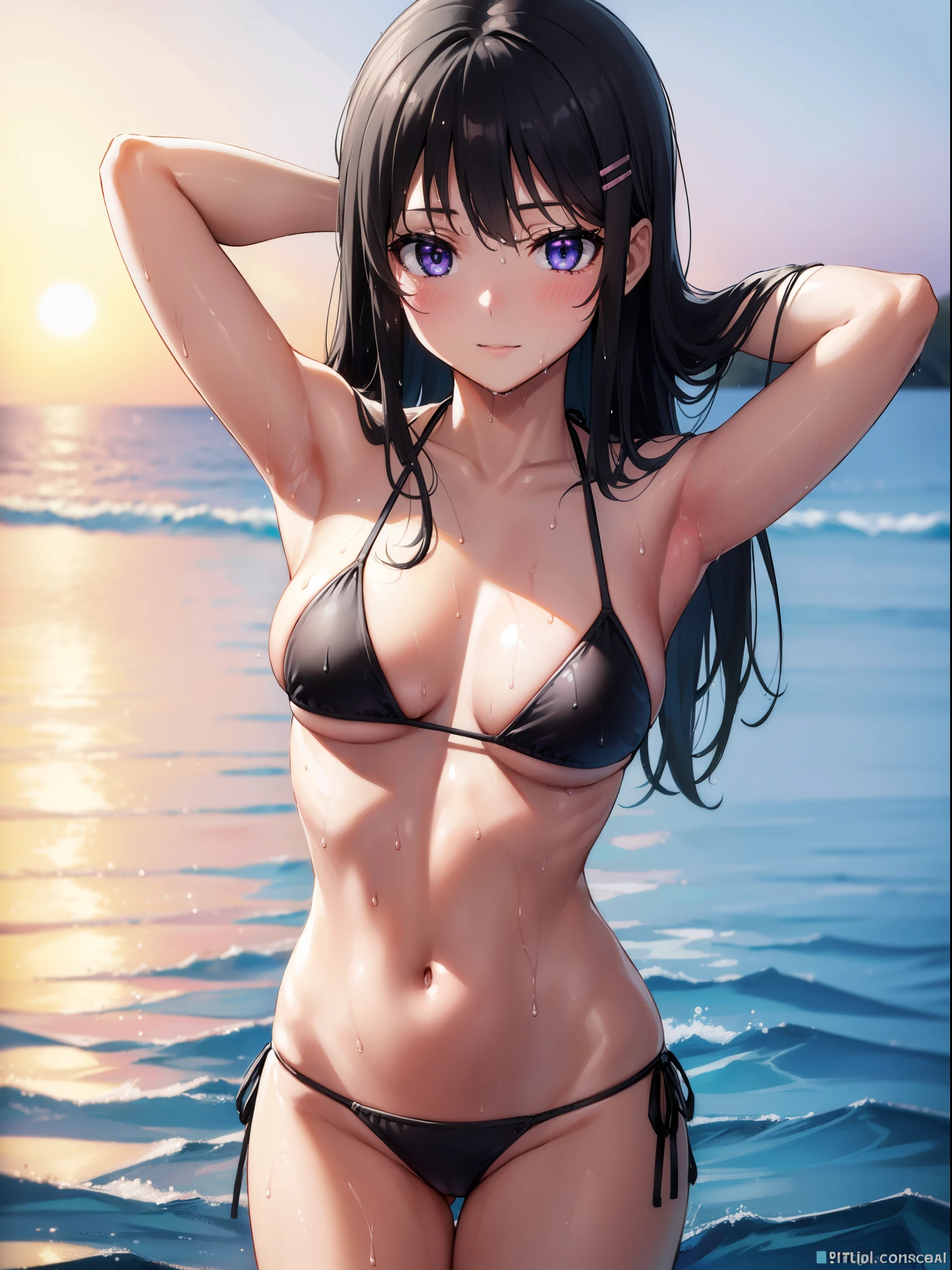 1girl, sakurajima mai, (long hair:1.2), bangs, (black hair:1.5), hair ornament, (purple eyes:1.1), hairclip, (blush:1.1), seductive smile,
BREAK (string bikini:1.5), (black bikini:1.3), patternless bikini, (medium breasts:1.1), Naked, Exposed skin, (Wet skin:1.5), (arms behind head, armpits), standing,
BREAK (Sea:1.5), Beach, (Solar:1.3),
BREAK looking at viewer, (from front:1.2),
BREAK (masterpiece:1.2), best quality, high resolution, unity 8k wallpaper, (illustration:0.8), (beautiful detailed eyes:1.6), extremely detailed face, perfect lighting, extremely detailed CG, (perfect hands, perfect anatomy),