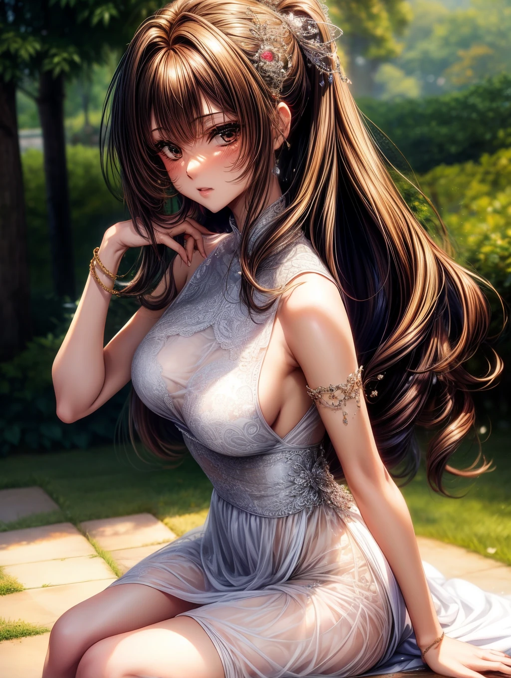 kurohime yuhi, (masterpiece:1.2), (Best quality at best:1.2), perfect  eyes, s the perfect face, 1 Girl, Alone, Straight hair，full body view, hi-res, 8K, Best Quality, large breast，beautiful girl，Beautiful face、dark brown haired、small brown eyes、Long Hair、18 years old，sexy pose，wedding dress，lawn，breast half exposed