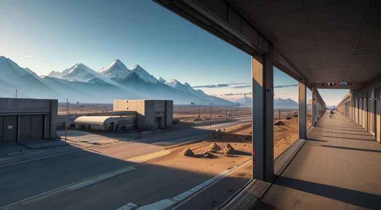 SKN_ Realistic cinematic planet Mars in 4k, post apocalyptic world, Planet Mars, mountain plateau, view from the station platform, Monorail station, military men in blue and black military uniforms stand on the platform, monorail expressway, high-speed train leaving a mountain tunnel, perspective, sunset illuminates the mountain range, deep space observation station, concrete and steel buildings, massive building with a central entrance, around the central building, numerous long-range surveillance locators, barracks, Cosmodrome, town with a bar, hospital, village for staff and local residents.