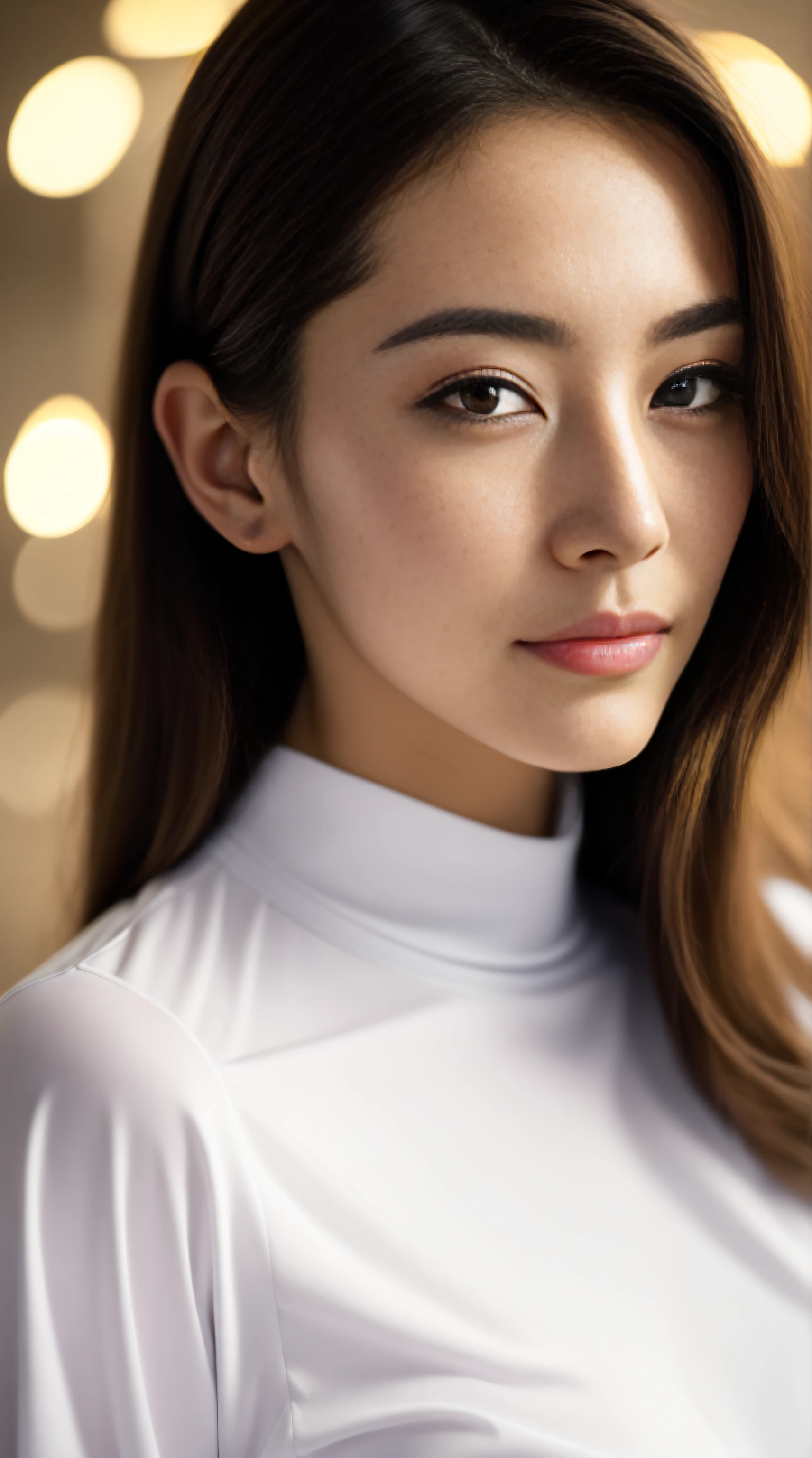 Fashion model 20 years old [[[[Close-up cleavage]]]], [[[[climaxing]]]], [[[[rapeseed]]]], [[[[shoulder]]]], perfect  eyes, Perfect iris，perfect lips，perfect teeth，Perfect Skin，soft front lighting，glowing light，HighDynamicRange，Pure white costume，tee shirt，(facial closeuprunette color hair），4K Ultra HD, 超高分辨率, (realistically: 1.4), Best quality，tmasterpiece，Ultra-diluted，（pastel colour：1.2）