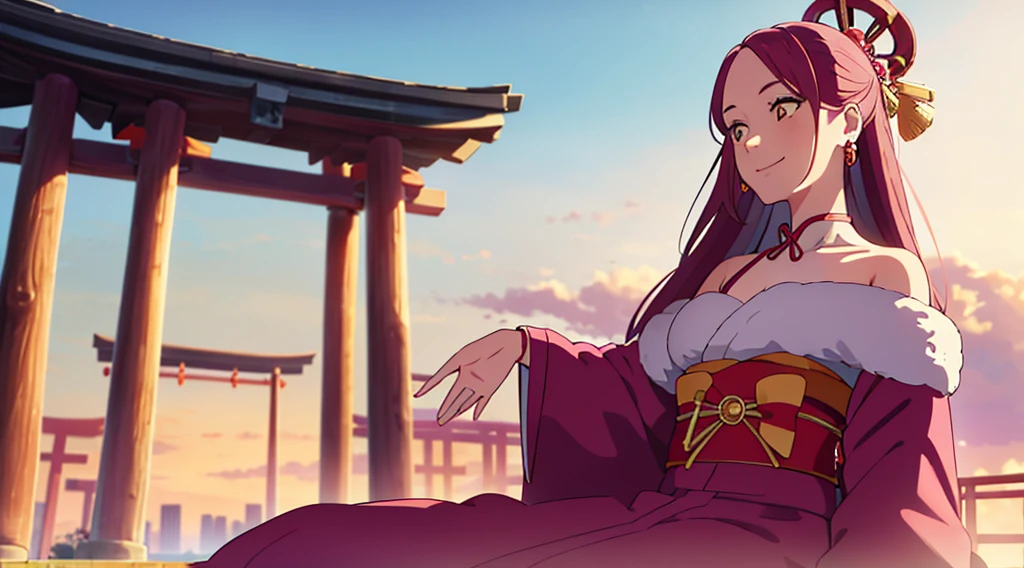 masterpiece, best quality, 1lady, solo, long pink hair, parted bangs, forehead, (Japanese hair ornament), yellow eyes, earrings, day, Vast sky, beautiful skyline, Japanese off-shoulder Kimono, Shrine, smiling
