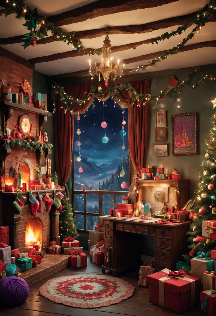 Design a Christmas card featuring a dreamy fantasy scene in knitting, Crochet, and sewing. As shown below:

[Front of Christmas card]

[Image of a: A fantastic one, Fantasy scenes]

In a world where dreams come true, A charming scene unfolds in front of a crackling fireplace. an old sewing machine, Place on the left or right side, Create a sense of harmony, Blends perfectly with the knitting theme, Crochet, and sewing.

Beautifully packaged gift boxes are scattered around the scene, Each piece  decorated with otherworldly patterns and colors，Glittering like stardust. Some gift boxes displaying knitting needles, crochet hook, and sewing patterns, Build a strong bond with crafts.

Wool and colorful yarns cascade down like gentle waterfalls, Weaving a complex tapestry of magic，surround the whole room. These threads are actively used for, Create craftsmen’s dreams. Soft fairy lights fill the space with a dreamy glow, Where holiday wishes fly.

Hang from the ceiling and decorate the mantel, A garland of magical baubles and fairy bells adds an extra layer of magic to the scene,  This Christmas  a wonderful and cunning adventure.

[Here’s my sincere Christmas wishes to you]

Make sure to keep your tone warm, Inviting, Full of handmade magic and dreams. Thank you for creating this fantastic scene
