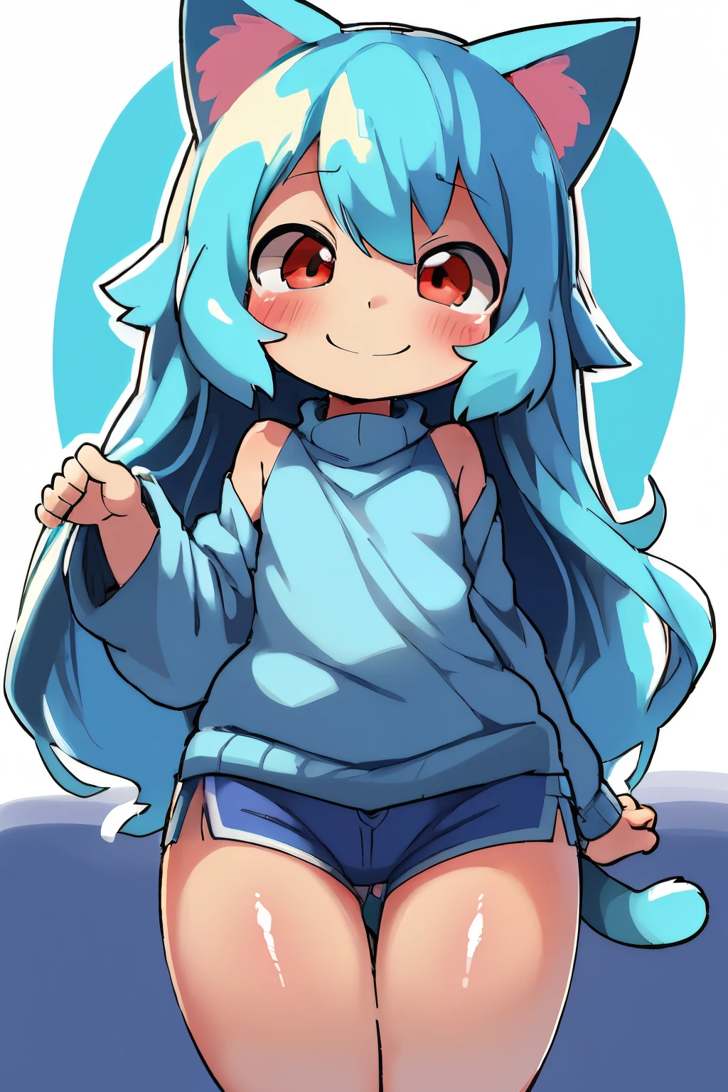 (a female humanoid cat with long hair, cyan hair, small chest, cat tail, slim thighs, ((pale skin)), round head, round chin and big red eyes) wearing (blue sweater, white blouse, blue shorts), full body, smile, looking at viewer, by minus8, by dagasi