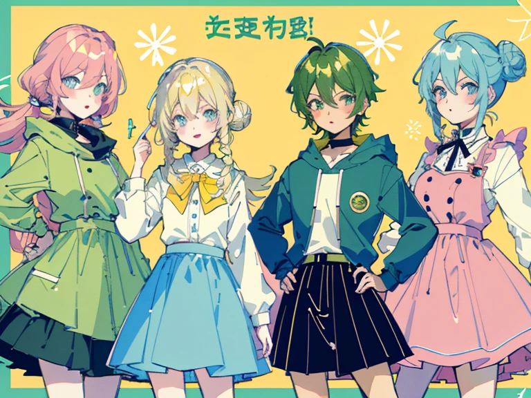 supreme， green down jacket，lime color hair，pink eyes，Standing on your feet，submachine gun，Detailed Genshin graphics，anime character design，anime concept art，pretty anime character design，anime character reference sheet，[Character design]，1girl in, ((Character information)、(Chara Leaf)、pastel dimmed colors, (Yellow color palette.:1.2, Blue:1.2, Pink:1.2), (Blue hair bun and blonde), Short fashionable skirt, Sitting on a throne of sweets and pastries, For example, doughnut, splash, candy, Lollipop, lollipop cane, a cake, cupcake, Cake Pop, Ruffles and lace, polka dot,(Lush pastel dresses), ite girl,Type sheet, Character Sheets, Three types，Shot Full Body，Game Character Design, green color, Green hoodie，