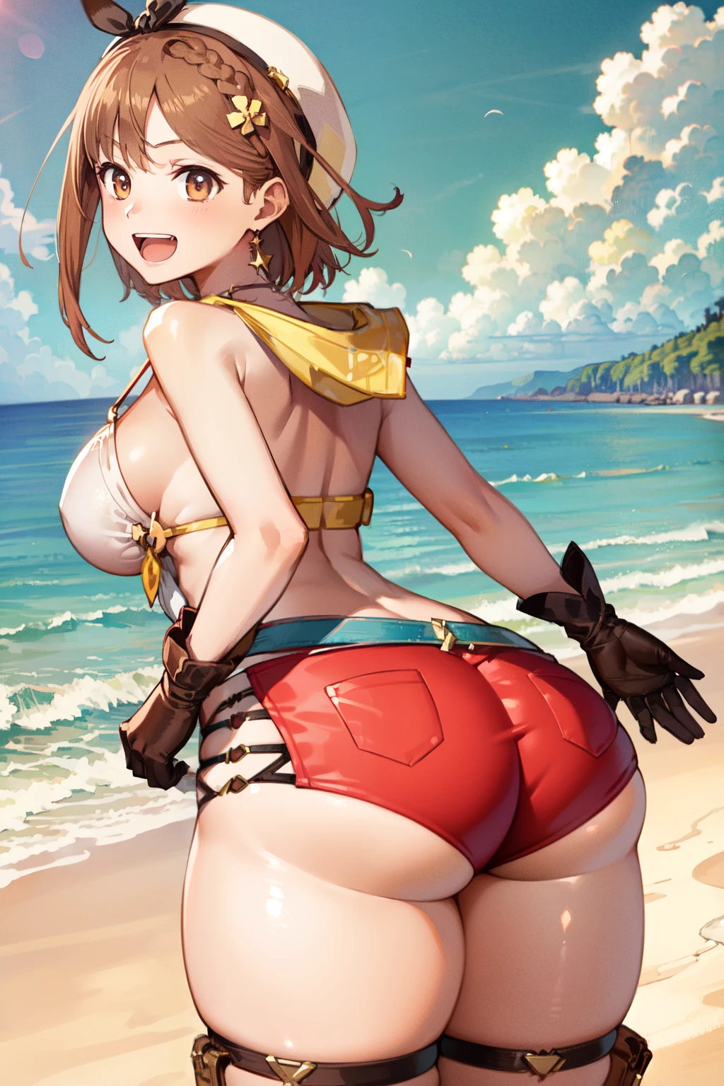 masterpiece, best quality, high resolution, extremely detailed CG, 2ndDefault, Asymmetrical Designed Costume, bare thighs, belt, breasts, ass, laughing, beach