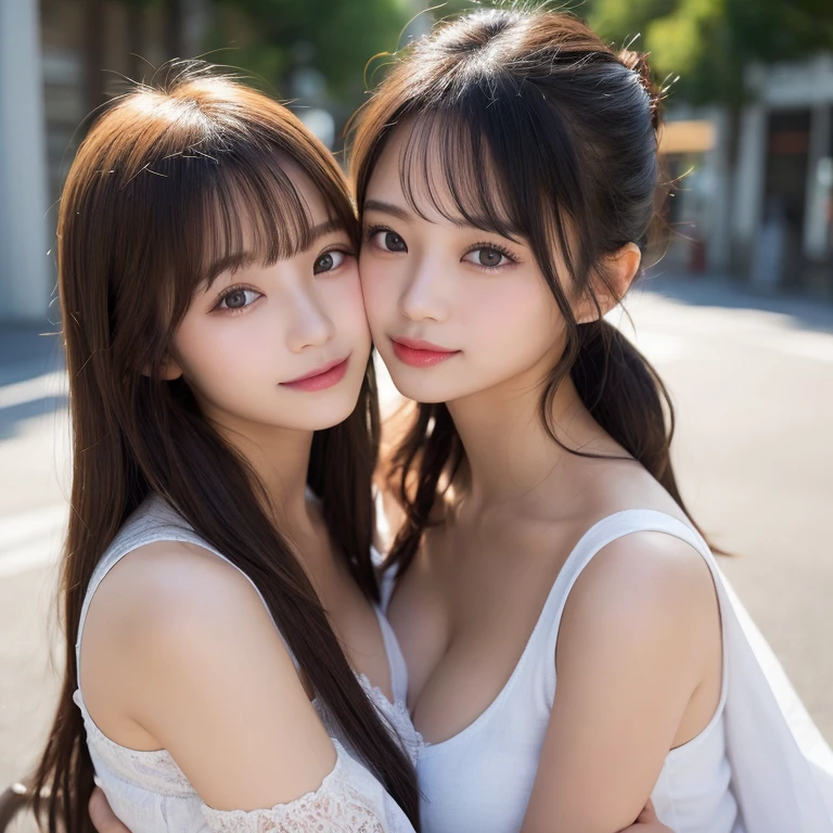 masutepiece, 2 girls in、Best Quality, Illustration, Ultra-detailed, finely detail, hight resolution, 8K Wallpaper, Perfect dynamic composition, Beautiful detailed eyes, Women's Fashion,Natural Color Lip, twin-tail hair、Bold sexy poses,Smile,Harajuku、 girl、Cute、Sexy shot looking at camera, C Cup、cleavage of the breast、exchanging a deep kiss、