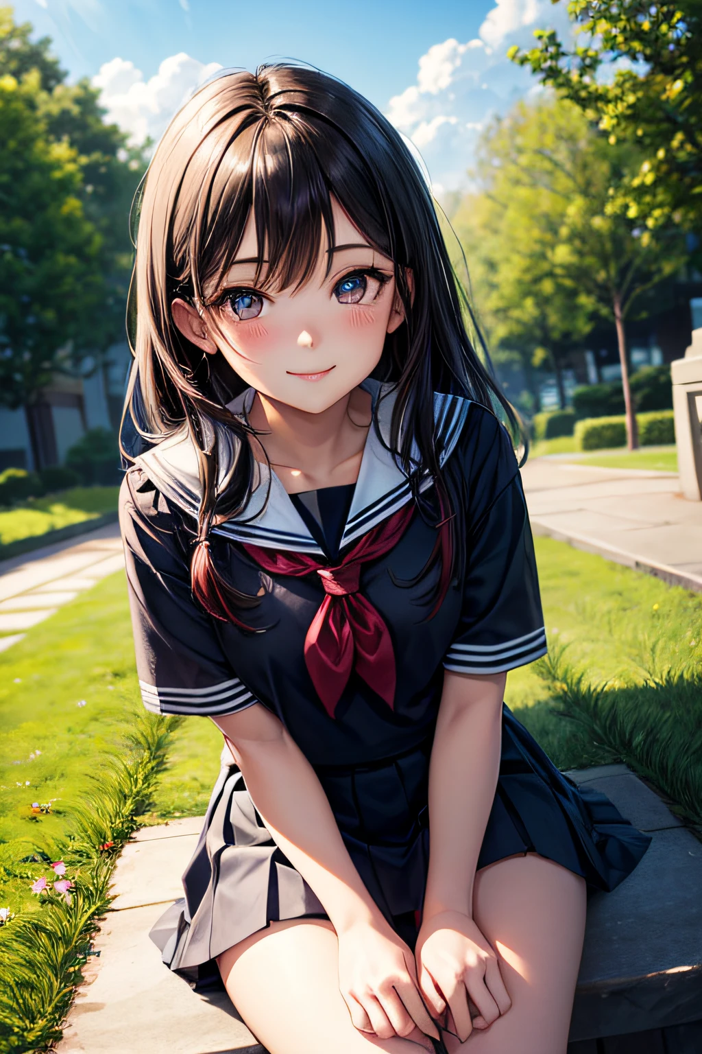 very cute and beautiful school girl,Teen,(very detailed beautiful face and eyes:1.2),
Smile,Seifuku,(Mini skirt),sitting on a park bench,Spread legs,Dynamic Angle,Looking at Viewer,Black hair,
Flower Garden,stone stairs,shrubbery,(Best Quality,masutepiece:1.2),Intricate details,
Solo,8K resolution,Hair fluttering in the wind,Beautiful detailed sky,