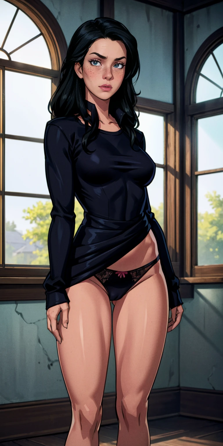 (masterpiece, best quality, highres, high resolution:1.2), extremely detailed, realistic, intricate details, Yennefer, solo, shy, blush, freckles, wearing sweatshirt, panties, highleg panties, standing, (cinematic lighting, sunlight, volumetric), indoors, window, looking at viewer