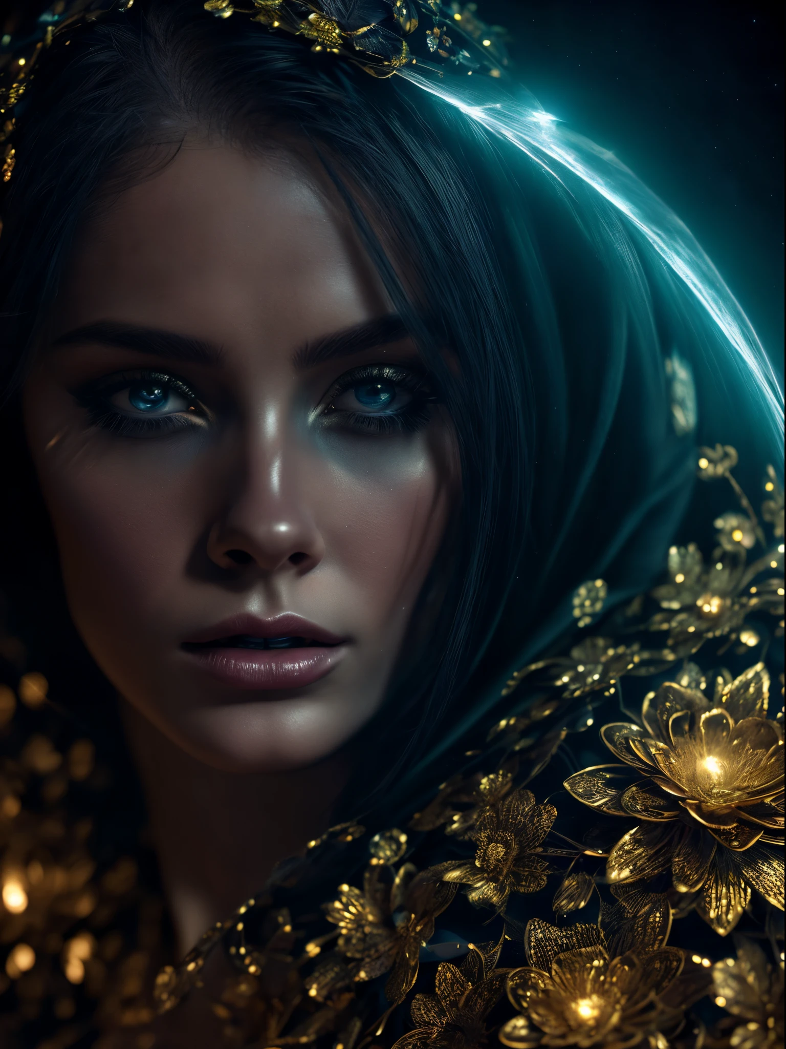 Awesome cover witch. Beautiful hyperealistic portrait, susana gimenez style,dramatic caravaggio lighting, haute couture dress and headdress, mix pojatti and philip treacy with. ultra detailed artistic photography, sci-fi, tech wear, direct gaze, depth of field, elegant, highly detailed, digital painting, concept art, smooth, sharp focus, illustration,midnight aura, night sky, dreamy, backlit, glamour, glimmer, shadow, ultra high definition, 16k, unreal engine 5, ultra sharp focus, intricate artwork masterpiece, ominous, matte painting movie poster, golden ratio, production cinematic character render, 3d flowers