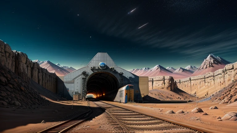 desert, rocky terrain, rocks, Canyon, hot weather, Masterpiece, Best Quality, (extremely detailed CG unity 4k wallpaper), (Best Quality), (Best illustration), (better shadow) mountain plateau, Clear starry sky, Sundown, 120 units of radar dishes are located throughout the plateau, in the middle of the plateau, control and monitoring center building, military guard barracks, checkpoint post, at the foot of the Angara mountain range, launch site for space shuttles, military shuttle fighters, the entire territory of the space observation station and cosmodrome is surrounded by a high fence made of metal mesh and barbed wire, on both sides of the plateau there is a tunnel for high-speed monorail, monorail station, a train comes out of the tunnel.