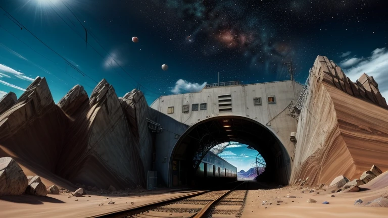 desert, rocky terrain, rocks, Canyon, hot weather, Masterpiece, Best Quality, (extremely detailed CG unity 4k wallpaper), (Best Quality), (Best illustration), (better shadow) mountain plateau, Clear starry sky, Sundown, 120 units of radar dishes are located throughout the plateau, in the middle of the plateau, control and monitoring center building, military guard barracks, checkpoint post, at the foot of the Angara mountain range, launch site for space shuttles, military shuttle fighters, the entire territory of the space observation station and cosmodrome is surrounded by a high fence made of metal mesh and barbed wire, on both sides of the plateau there is a tunnel for high-speed monorail, monorail station, a train comes out of the tunnel.