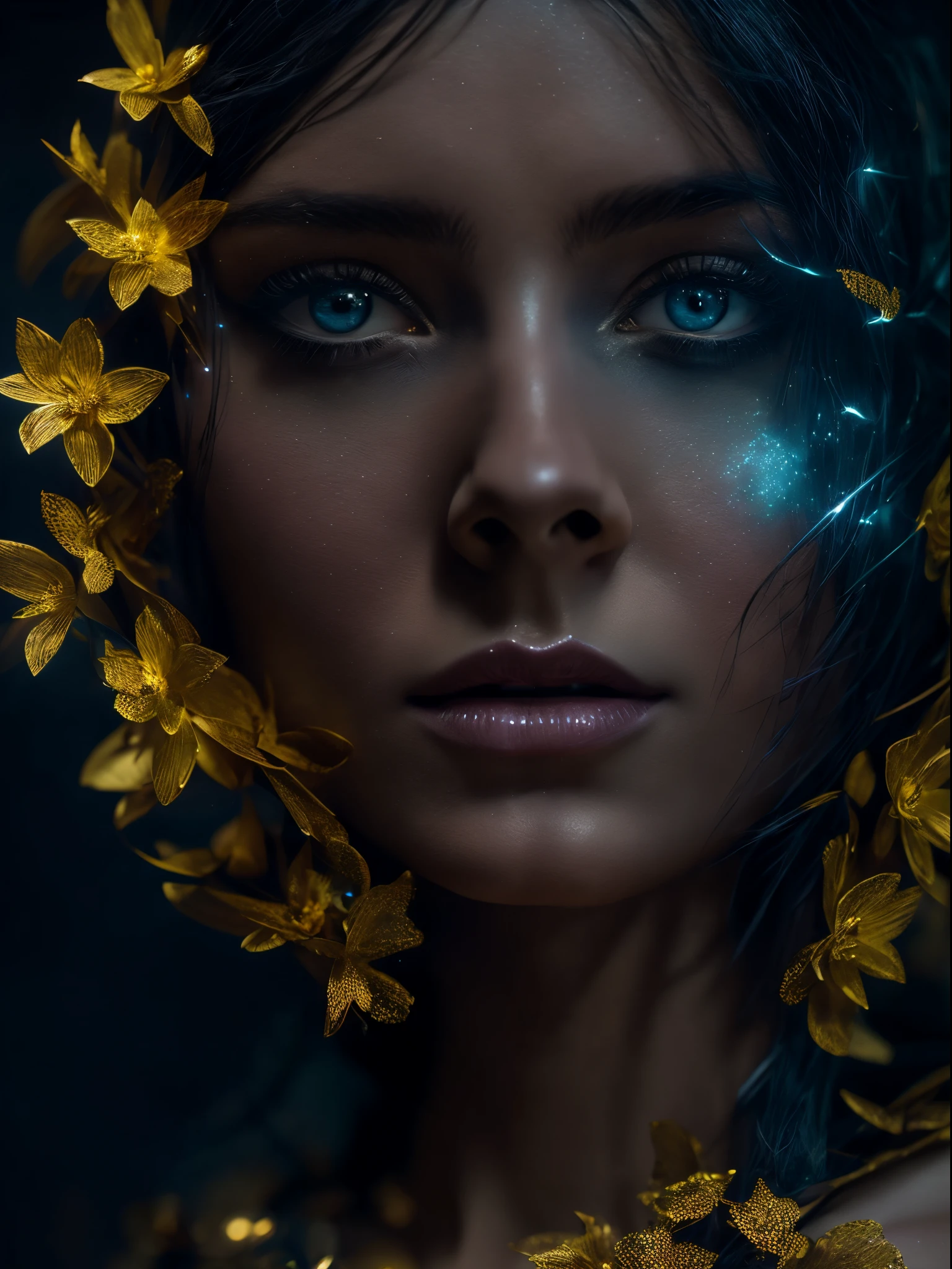 Awesome cover witch. Beautiful hyperealistic portrait, susana gimenez style,dramatic caravaggio lighting, haute couture dress and headdress, mix pojatti and philip treacy with. ultra detailed artistic photography, sci-fi, tech wear, direct gaze, depth of field, elegant, highly detailed, digital painting, concept art, smooth, sharp focus, illustration,midnight aura, night sky, dreamy, backlit, glamour, glimmer, shadow, ultra high definition, 16k, unreal engine 5, ultra sharp focus, intricate artwork masterpiece, ominous, matte painting movie poster, golden ratio, production cinematic character render, 3d flowers