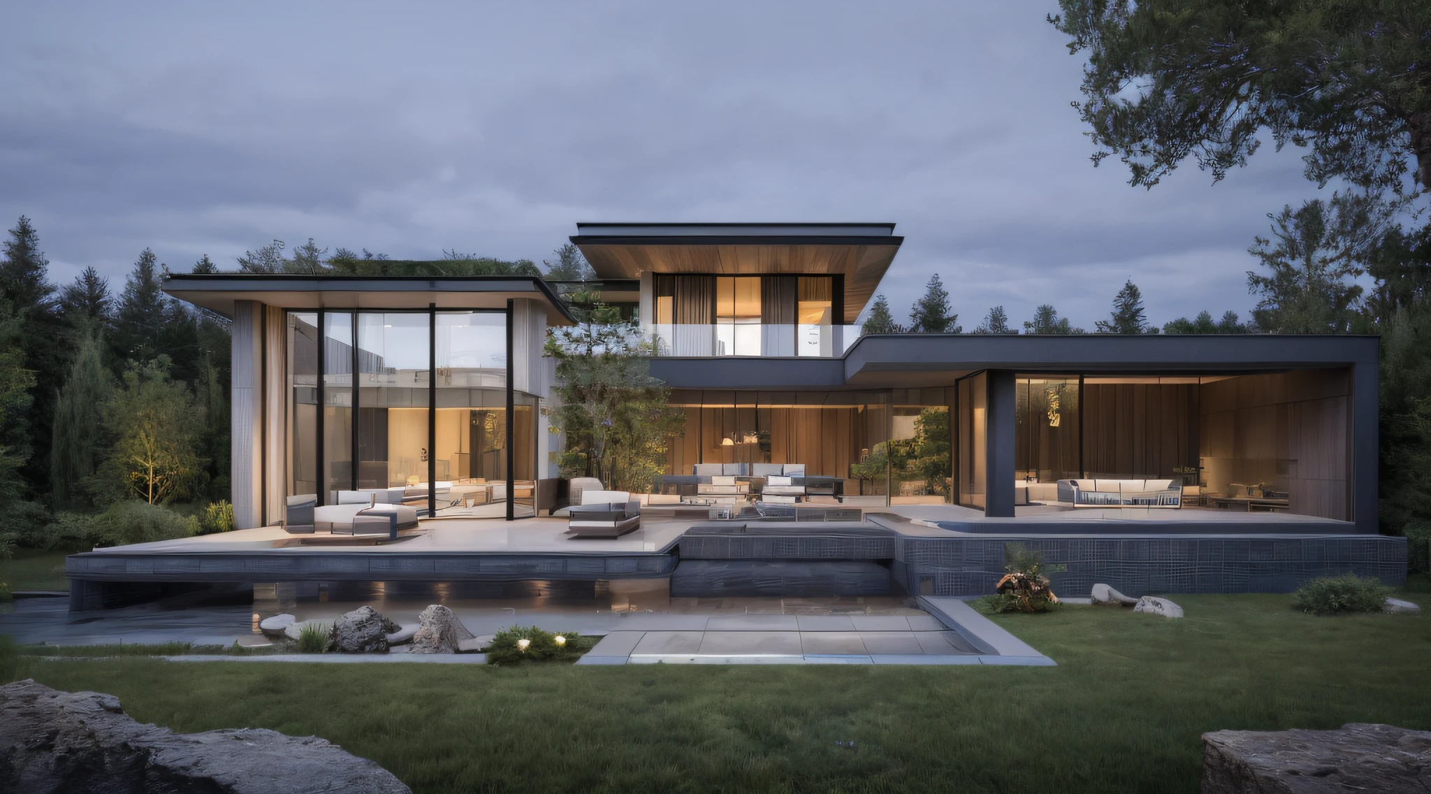 modern house, large yard, beautiful view, surrounding trees, one-story house, flat roof, large windows, wood materials, concrete and glass, glass railings, surrounded by trees, lawn , large sliding glass doors, large outdoor fireplace, beautiful flat roof, linear straight line,
sunset light, neutral colored lights, beautiful, cloudy sky, swimming pool in front of the house, landscape,plain terrain, RAW photo, subject, 8k uhd, dslr, soft lighting, high quality, film grain, Fujifilm XT3