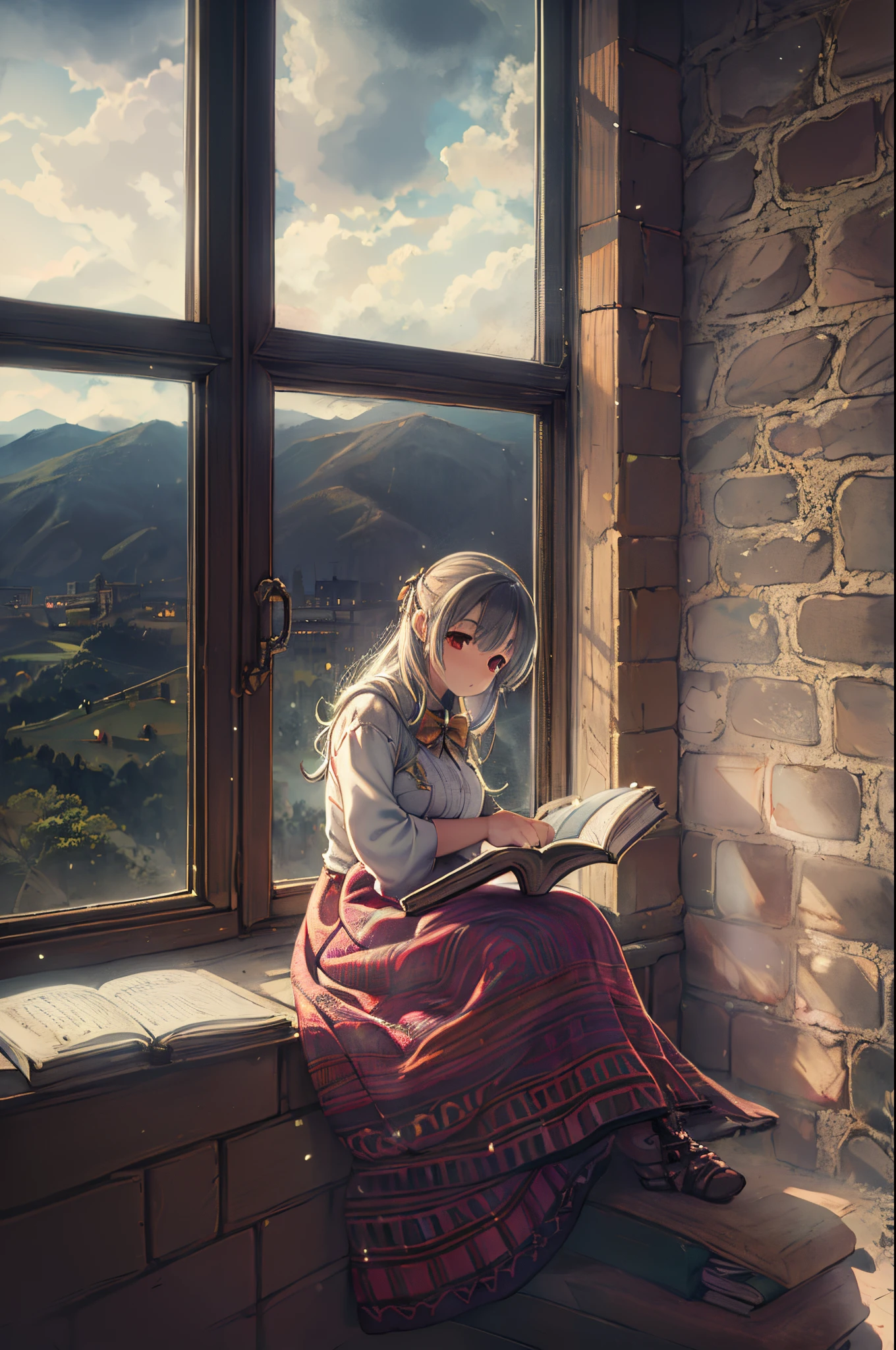 Arafed woman sitting on the window sill and reading a book、Storybook Wide Shot::HD、near a window、Sitting in the castle、Leaning against the window、dramatic reading book pose、books portrait、wide portrait、read the corner、Dramatic Reading Magic Book Pose、Window light、inspired by Balthus、reading in a library、near a window、