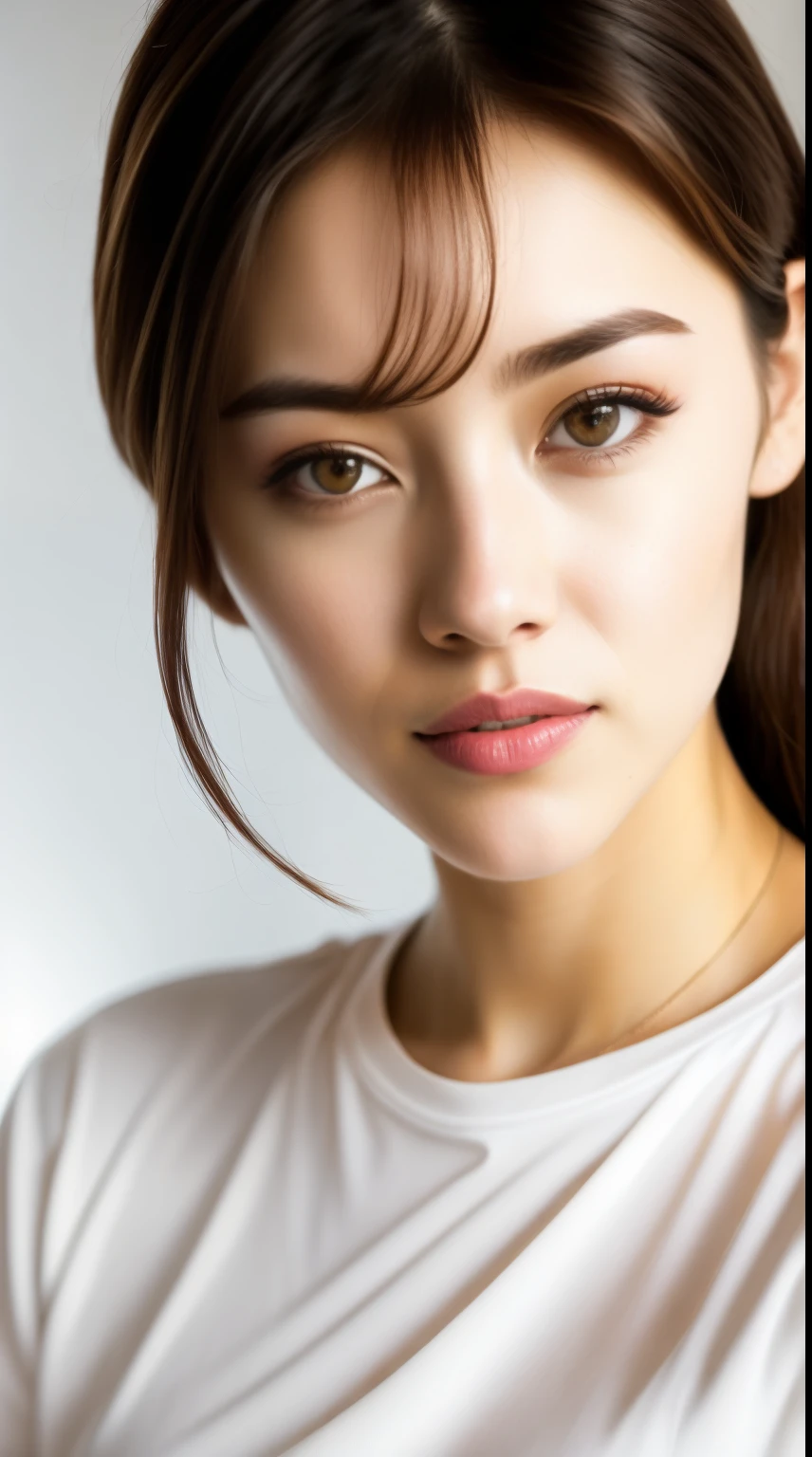 Fashion model 20 years old [[[[Close-up cleavage]]]], [[[[climaxing]]]], [[[[rapeseed]]]], [[[[shoulder]]]], perfect  eyes, Perfect iris，perfect lips，perfect teeth，Perfect Skin，soft front lighting，glowing light，HighDynamicRange，Pure white costume，tee shirt，(facial closeuprunette color hair），4K Ultra HD, 超高分辨率, (realistically: 1.4), Best quality，tmasterpiece，Ultra-diluted，（pastel colour：1.2）