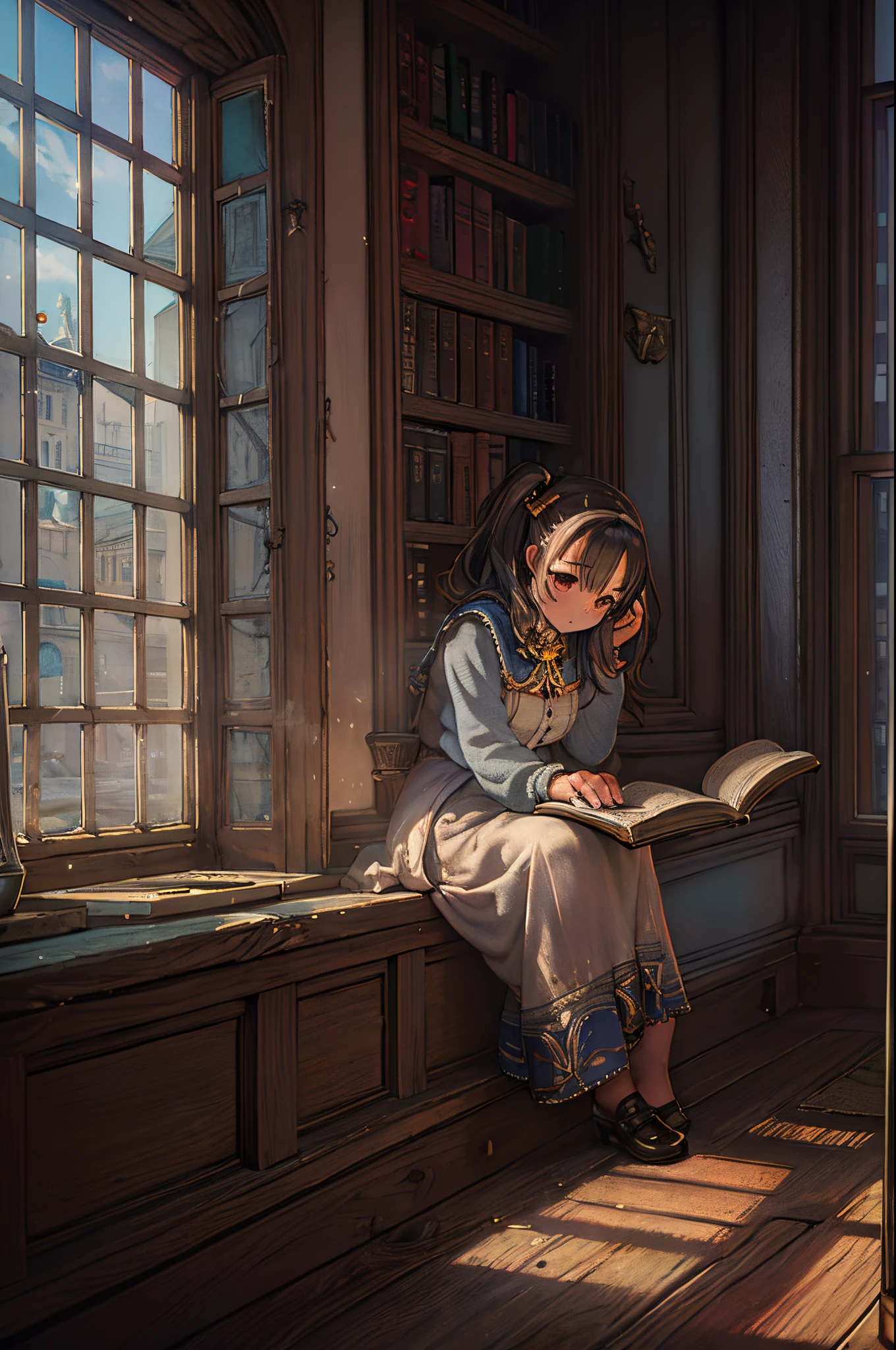 Arafed woman sitting on the window sill and reading a book、Storybook Wide Shot::HD、near a window、Sitting in the castle、Leaning against the window、dramatic reading book pose、books portrait、wide portrait、read the corner、Dramatic Reading Magic Book Pose、Window light、inspired by Balthus、reading in a library、near a window、