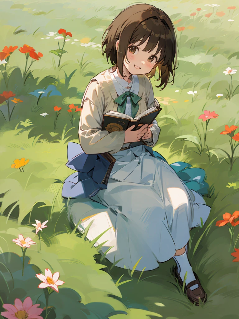 Anime girl with short brown hair, smiling softly, sitting in grass, reading book, by flowers.