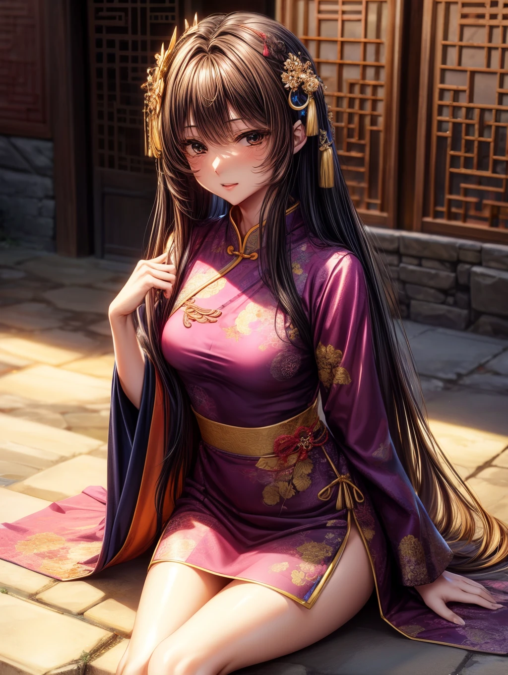 kurohime yuhi, (masterpiece:1.2), (Best quality at best:1.2), perfect  eyes, s the perfect face, 1 Girl, Alone, Straight hair，full body view, hi-res, 8K, Best Quality, large breast，beautiful girl，Beautiful face、dark brown haired、small brown eyes、Long Hair、18 years old，sexy pose，Tight cheongsam，Ancient Chinese architecture