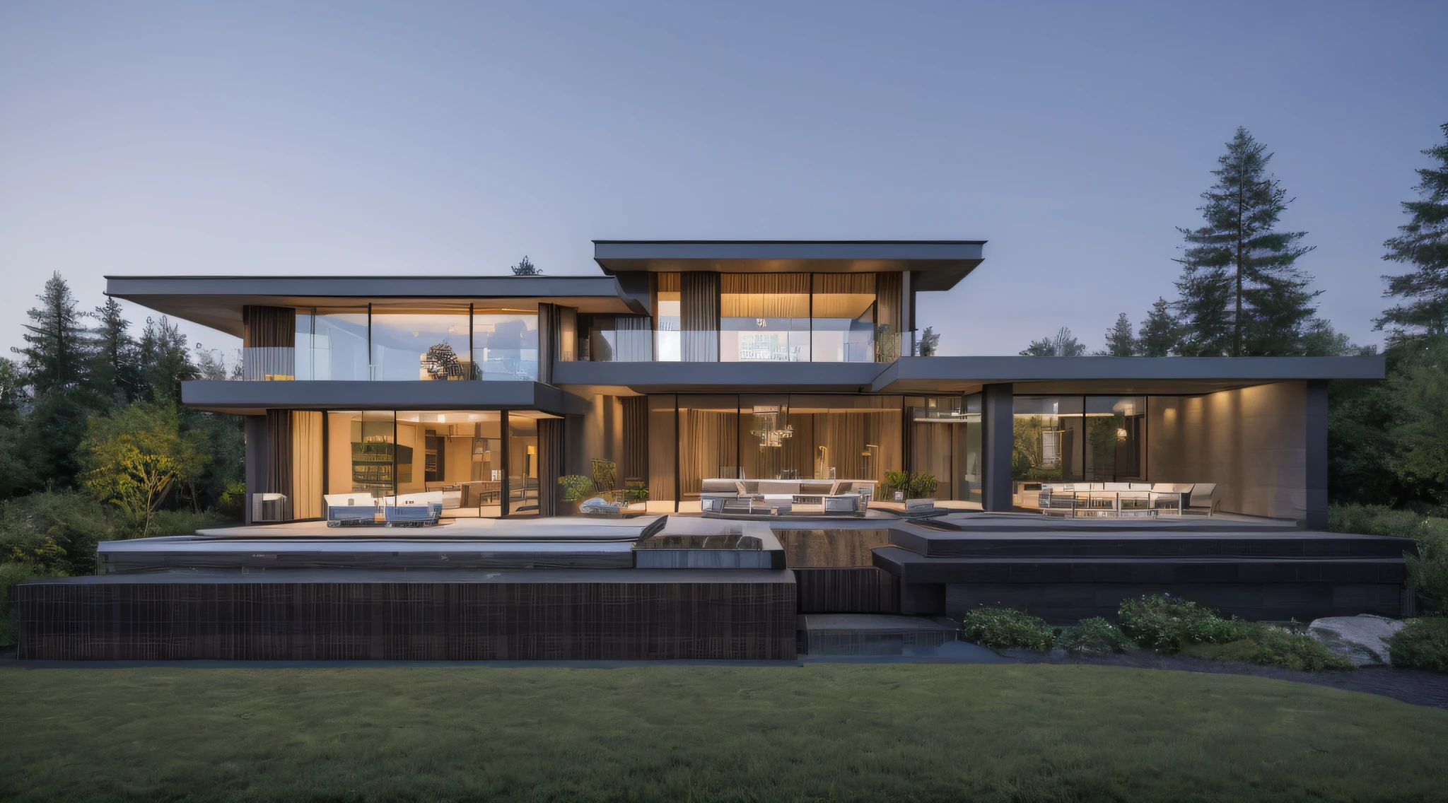 modern house, large yard, beautiful view, surrounding trees, one-story house, flat roof, large windows, wood materials, concrete and glass, glass railings, surrounded by trees, lawn , large sliding glass doors, large outdoor fireplace, beautiful flat roof, linear straight line,
sunset light, neutral colored lights, beautiful, cloudy sky, swimming pool in front of the house, landscape,plain terrain, RAW photo, subject, 8k uhd, dslr, soft lighting, high quality, film grain, Fujifilm XT3