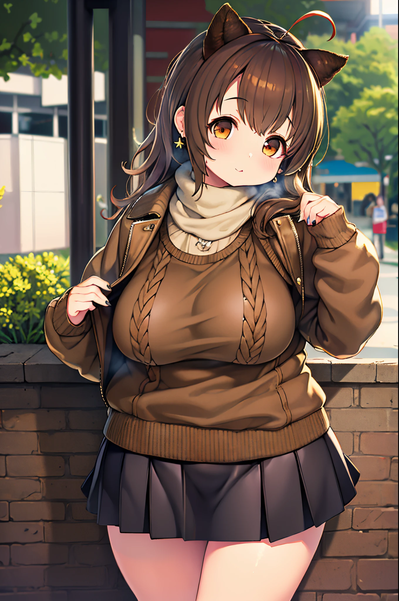 Lorua,, , 1girl in, Ahoge, Bangs, Black skirt, Black sweater, Blue Nails, Blurry, Blurry background, breasts, Brown eyes, Brown hair, Brown jacket, Closed mouth, fixed, day, depth of fields, earrings, Eyelashes, Hand up, Head tilt, Jacket, Jewelry, Long hair, Long sleeves, Looking at Viewer, medium breasts, nail polish, Open your clothes, Open jacket, Outdoors, puckered lips, shirt tucked in, side locks, Skirt, sleeves past wrists, Solo, Sweaters, Upper body, zippers, , , ((masutepiece)), ,