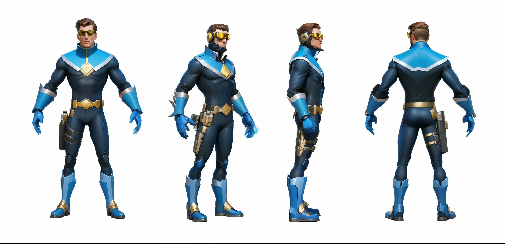 a close up of a person in a blue and black suit, expert high detail concept art, character design police man, character model sheet turnaround, 3 d character reference sheet, 3 d character concept, stylized character, cyclops, high detail iconic character, character model sheet, character design police man!!, merged character, full body concept, character concept model