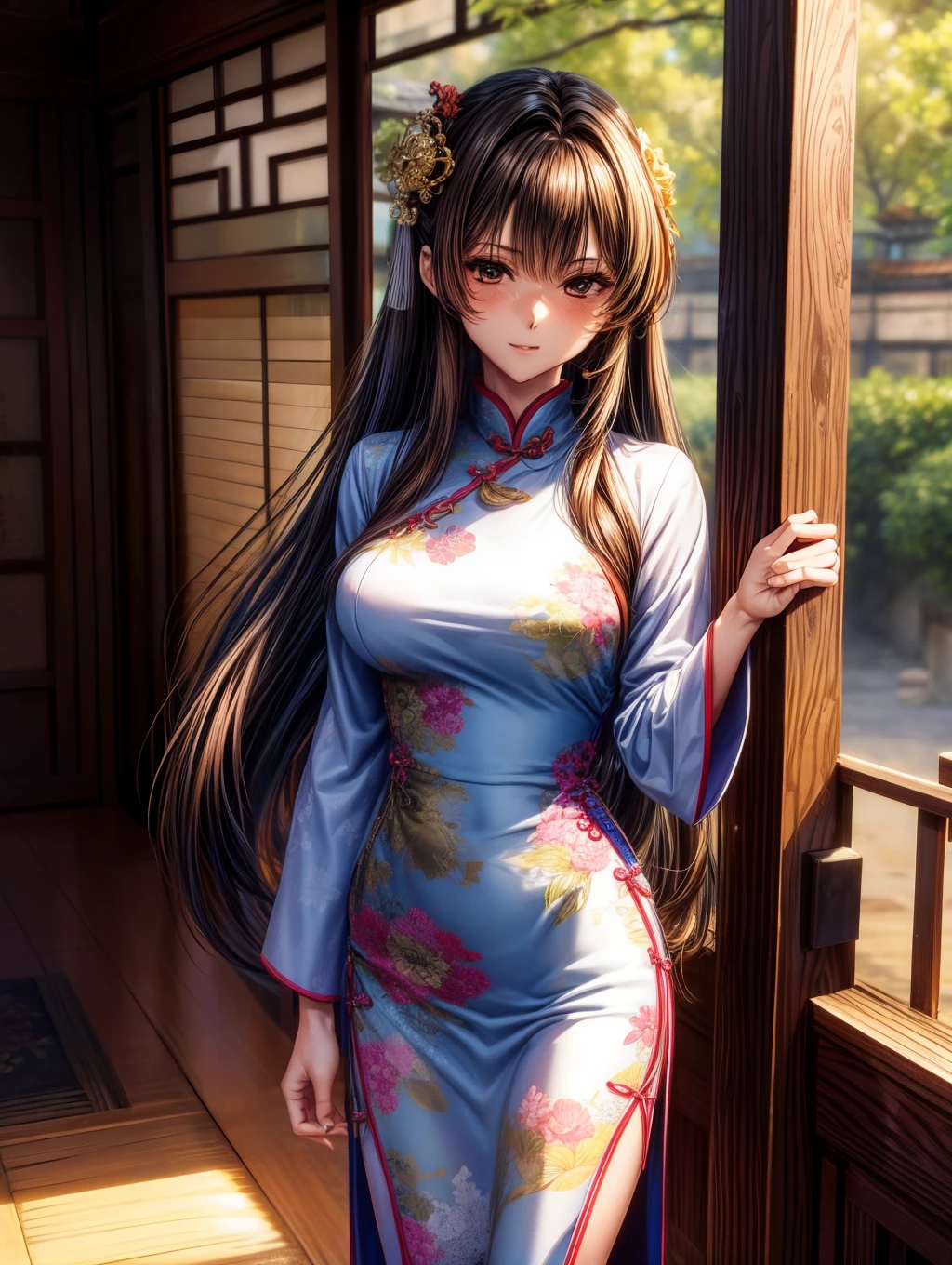 kurohime yuhi, (masterpiece:1.2), (Best quality at best:1.2), perfect  eyes, s the perfect face, 1 Girl, Alone, Straight hair，full body view, hi-res, 8K, Best Quality, large breast，beautiful girl，Beautiful face、dark brown haired、small brown eyes、Long Hair、18 years old，sexy pose，Tight cheongsam，Ancient Chinese architecture