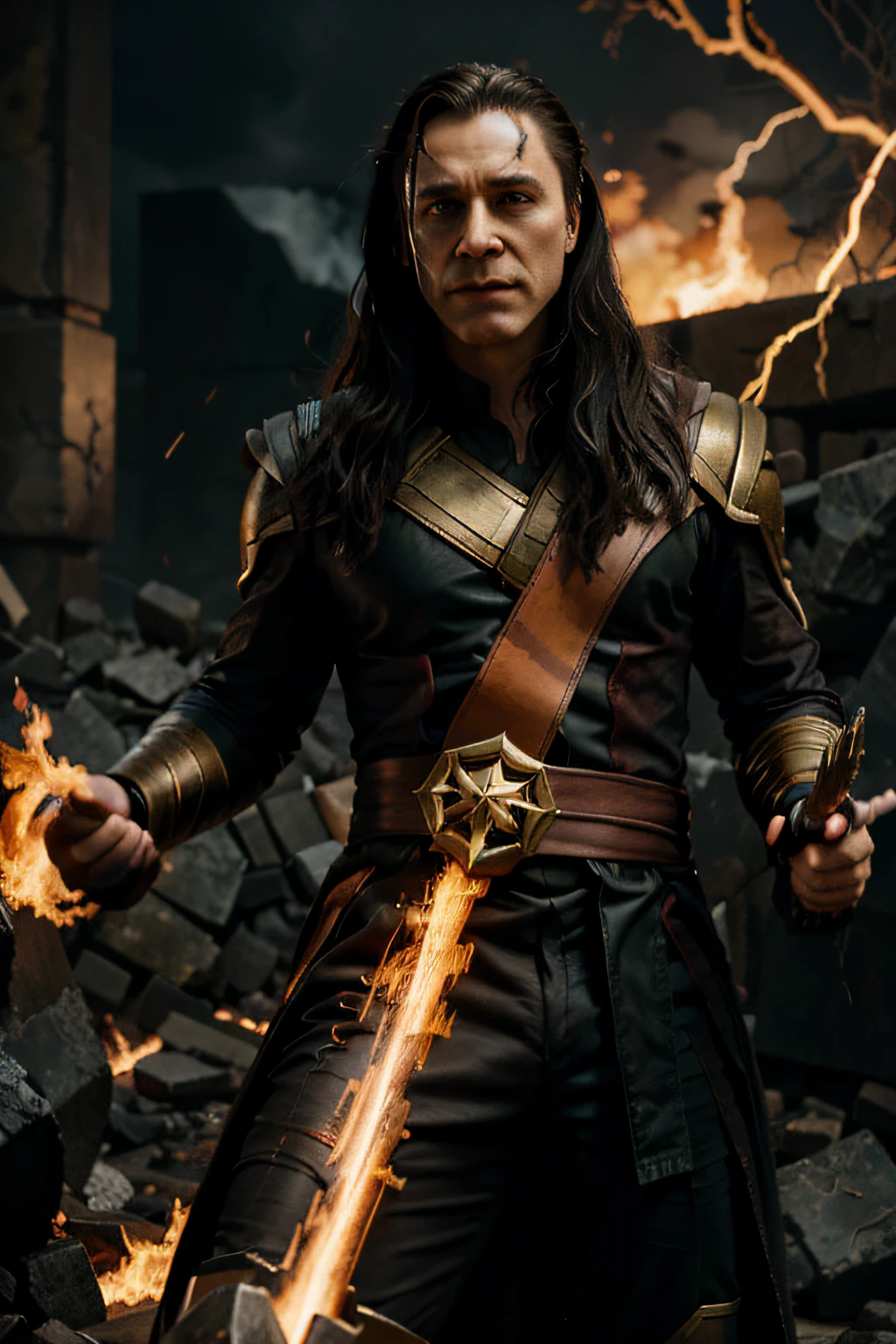 angrier version of loki with thunder and fire and hammer in hands killing thanos