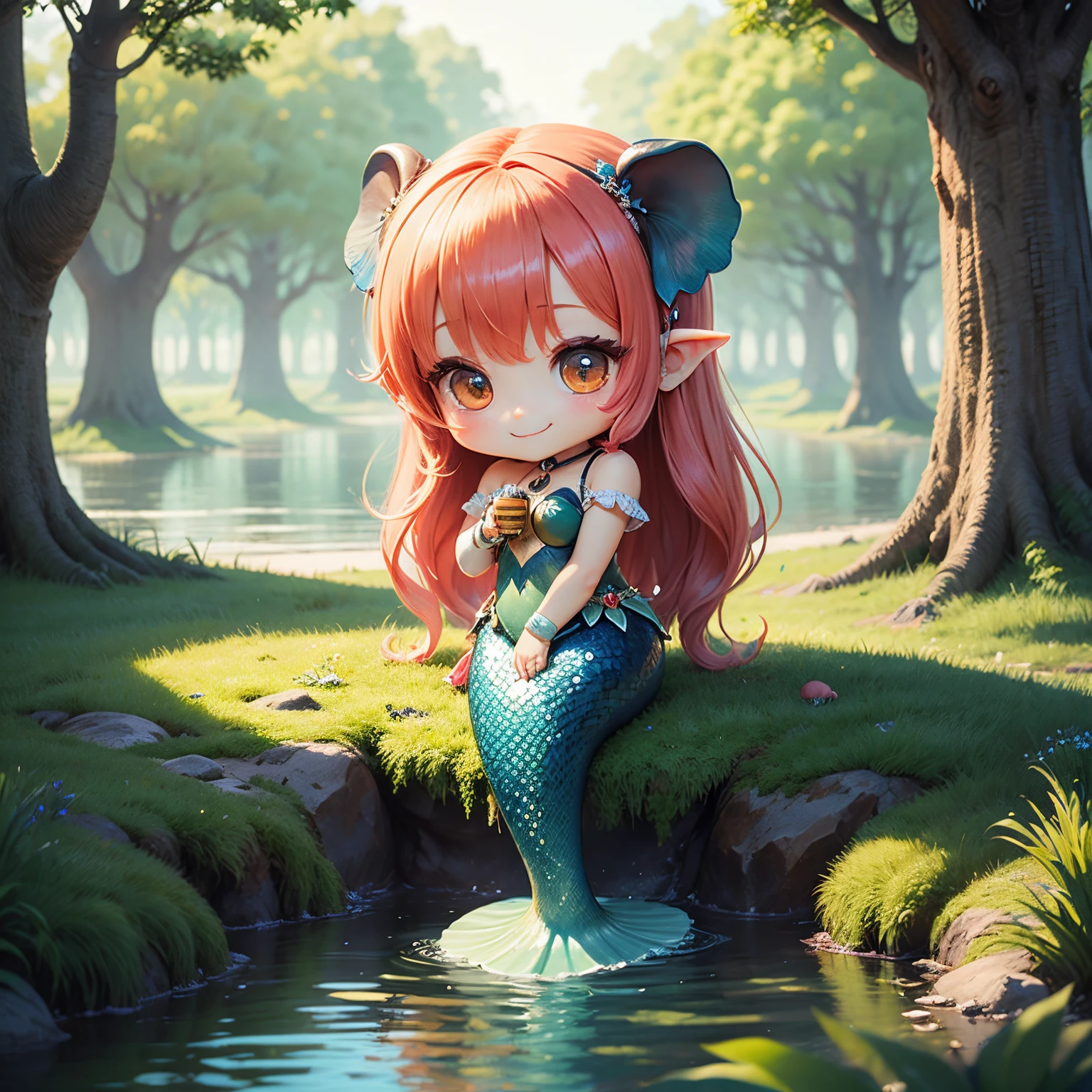masterpiece、top-quality、ultra-detailliert、(Chibi Chara:1.2)、Elephant ears、Rainbow colored mermaid、fairy tale forest lake、a smile、