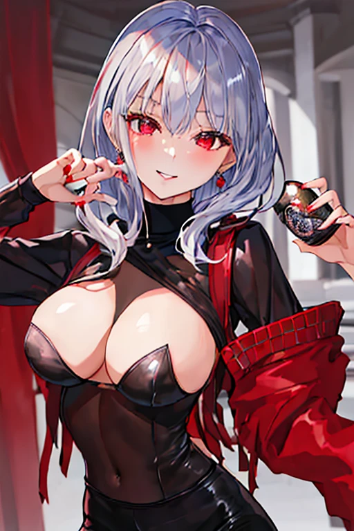 (masterpiece、top-quality、detaileds)、Best Quality、masuter piece、hight resolution、独奏、1womanl、female focus、Look at viewers、Red eyes、Silver hair、Long hair up to the waist、provocative smiling、modern、black turtleneck ribbed sweater、Black pants