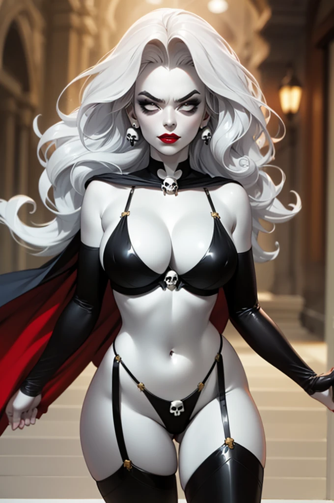 foreshortening,  CARTOON_lady_death_bikini_ownwaifu,.ownwaifu.com, angry, 
mascara, blank_eyes,long hair,breasts,white hair,makeup,colored skin,navel,lipstick,large breasts,wavy hair,white skin,lips,curly hair,red lips,very long hair,toned, narrow_waist, curvy,pale skin, thick_eyelashes, thick eyebrows, big hair, 
thighhighs,cape,cleavage,jewelry,earrings,garter straps,garter belt,gloves,piercing,red cape,blood,elbow gloves,armor,black legwear,collar,thong,black bikini,skull earrings, highleg, 
 official art,extremely detailed CG unity 8k wallpaper, perfect lighting,Colorful, Bright_Front_face_Lighting,shiny skin, (masterpiece:1.0),(best_quality:1.0), ultra high res,4K,ultra-detailed, photography, 8K, HDR, highres, (absurdres:1.2), Kodak portra 400, film grain, blurry background, (bokeh:1.2), lens flare, (vibrant_color:1.2),professional photograph, (beautiful_face:1.5),