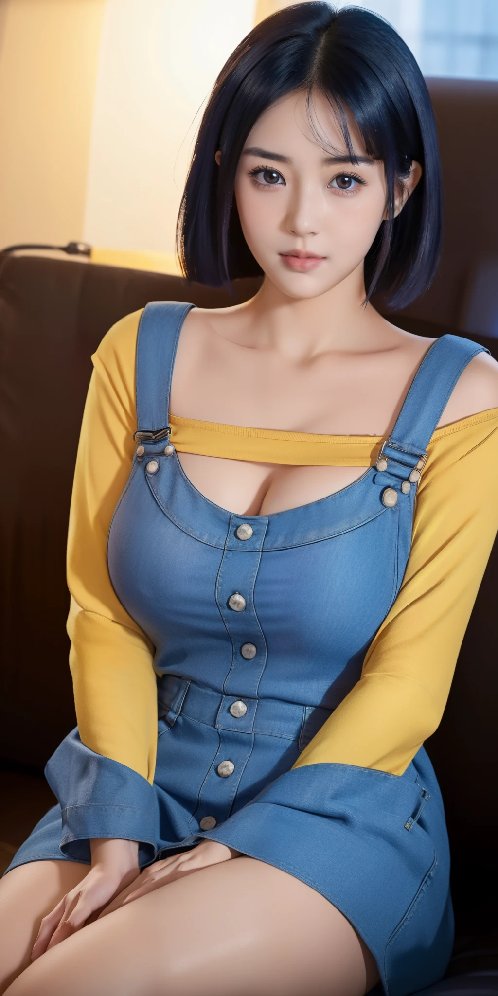 (Night:1.7), Cyberpunk_CityView, Before Window,
sitting at attention,sitting on couch,suspenders,overalls, 
collarbone,blue dress with a yellow top and blue skirt,long sleeves, 
 blue_hair,short_hair,purple_eyes,hair_ornament, hairclip, 
1 girl, 20yo,mature female,Beautiful Finger,Beautiful long legs,Beautiful body,Beautiful Nose,Beautiful character design, perfect eyes, perfect face,
looking at viewer, (innocent_big_eyes:1.0),(expressionless:1.3),
NSFW,official art,extremely detailed CG unity 8k wallpaper, perfect lighting,Colorful, Bright_Front_face_Lightinasterpiece:1.0),(best_quality:1.0), ultra high res,4K,ultra-detailed,
photography, 8K, HDR, highres, absurdres:1.2, Kodak portra 400, film grain, blurry background, bokeh:1.2, lens flare, (vibrant_color:1.2)
(Beautiful,large_Breasts:1.4), (beautiful_face:1.5),(narrow_waist),