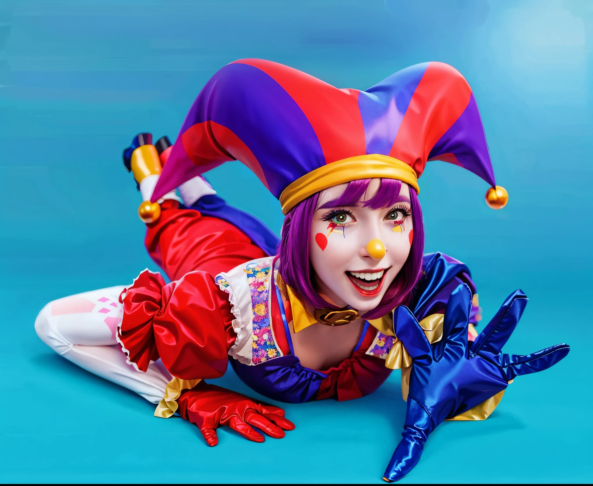 woman in a jester costume laying on the ground, jester themed, clown girl, glossy costume, 4k, detailed, realistic, high resolution, rim light, masterpiece