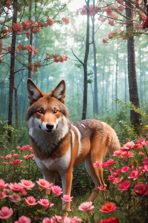 Red Wolf, Forest edge, lots of flowers, birds in the trees