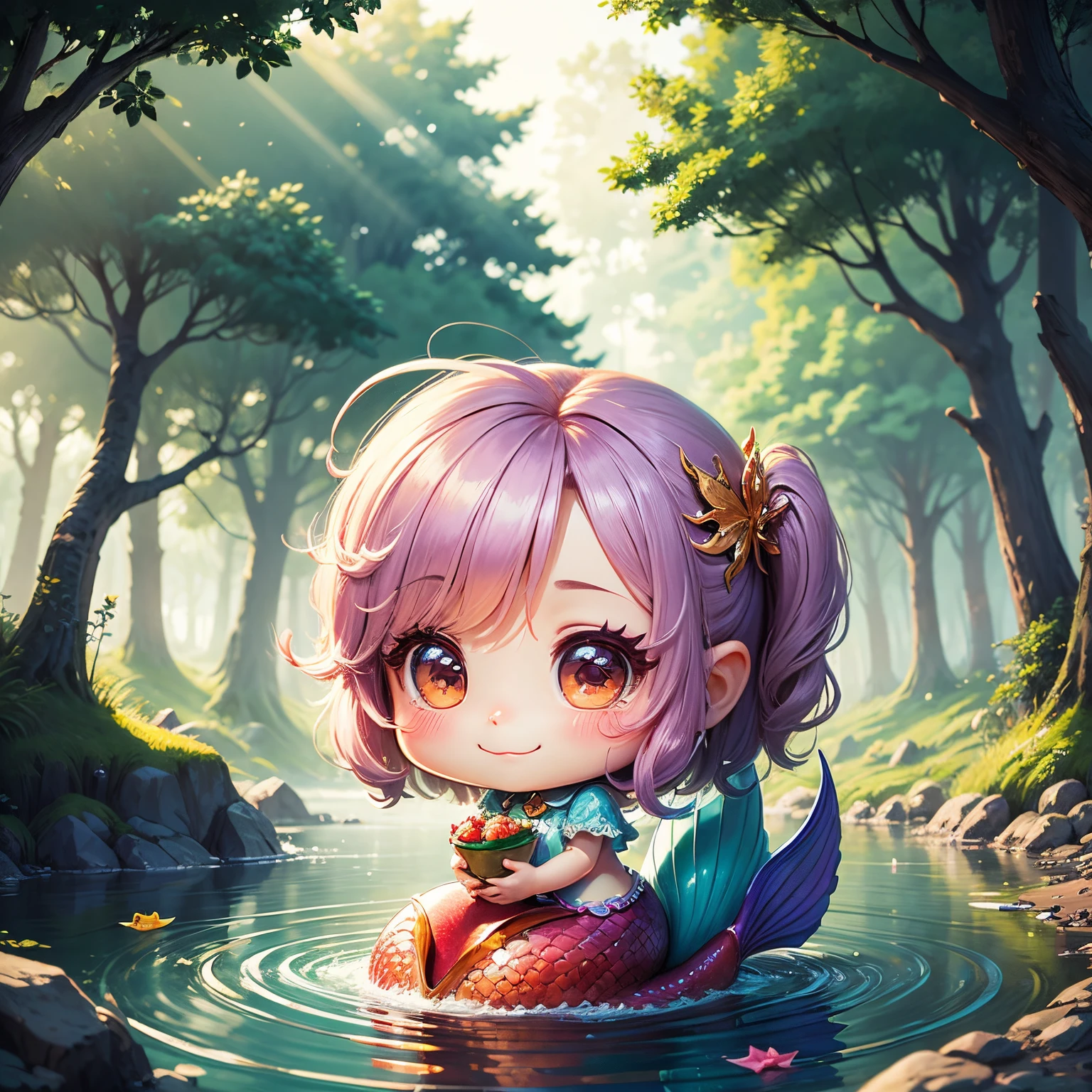 masterpiece、top-quality、ultra-detailliert、(Chibi Chara:1.2)、Elephant ears、rainbow mermaid、fairy tale forest lake、A smile、