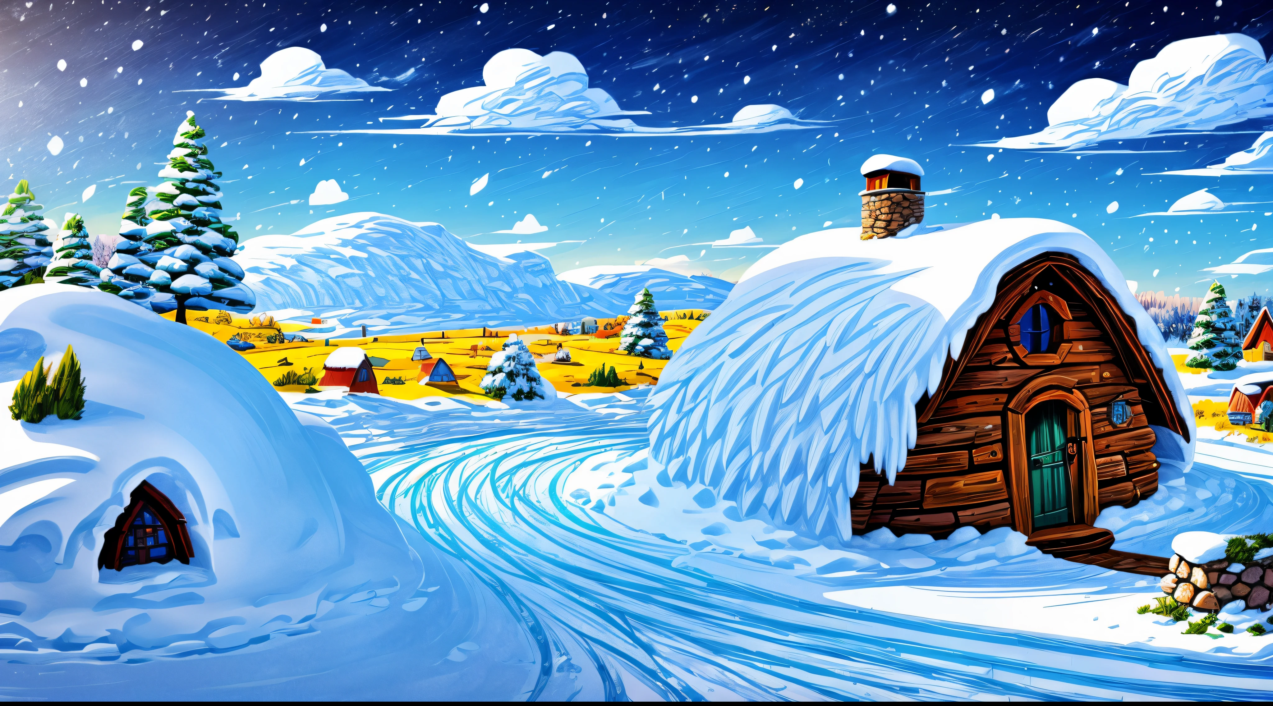 Bright, (Cartoon style), beautiful landscape without people with a picture of a witch's hut in the center, ((Winter sunny day)), illustration for children, Masterpiece, Blizzard in the background, winter, Falling snow, Detailed, Intricate, 4k, Art