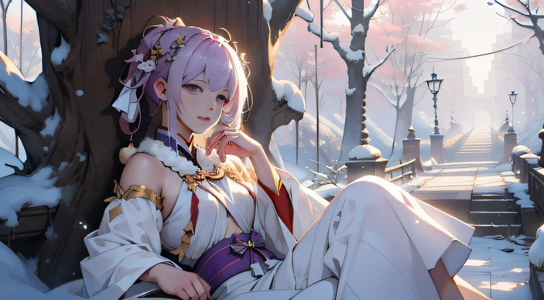 One of them  wearing purple clothes，long, floated hair、Alpha image of a woman with beautiful hairstyle，palaces，A girl in Hanfu，Very popular on cgstation，Guviz-style artwork，Guwitz，Inspired by Du Qiong，Inspired by Ma Yuanyu，8K）），Cold winter，winter solstice，Wear thick clothing，There  a fur collar，nevando，Winter view，beautiful snowy landscape，Oyuki，External，Chilling，The hair was blown up，The face  delicate