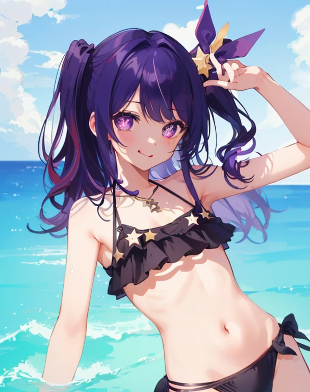 martha、Detailed Description、high resolution、One Girl、Slender、Purple Hair、long hair、(blush)、smile、bikini、Beach、Leaning forward、Looking up、belly button