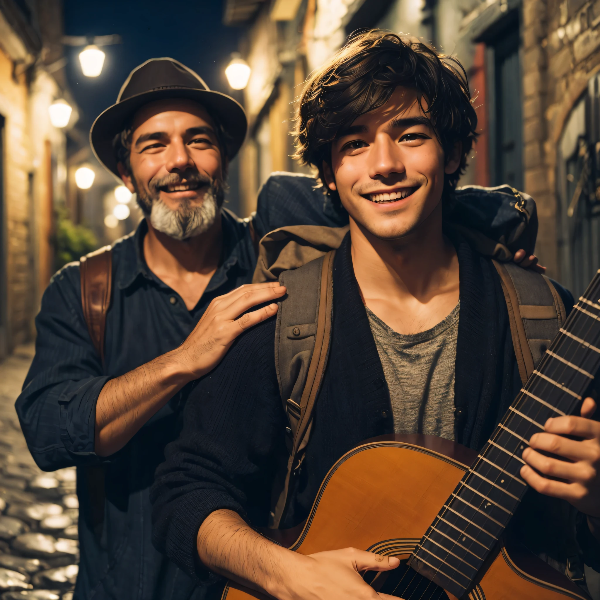 medium portrait of a smiling young male busker carrying a guitar in his father's arms, in the background of a village alley at night. relistic, high details, light cinematic, lo-fi.