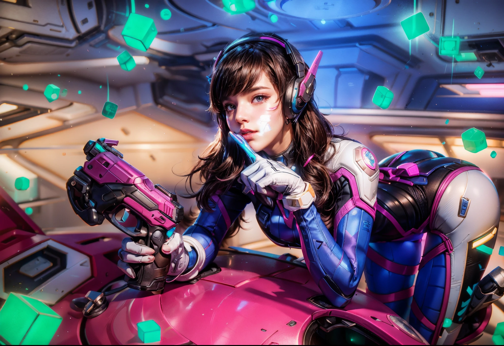 image of d.va from overwatch,holding a gun,blue and white and black with pink detail suit,realistic,photorealistic,good hand,good anatomy hand,portrait,futuristic lighting,ultra-detailed,professional,sharp focus,vivid colors,physically-based rendering,studio lighting,bokeh