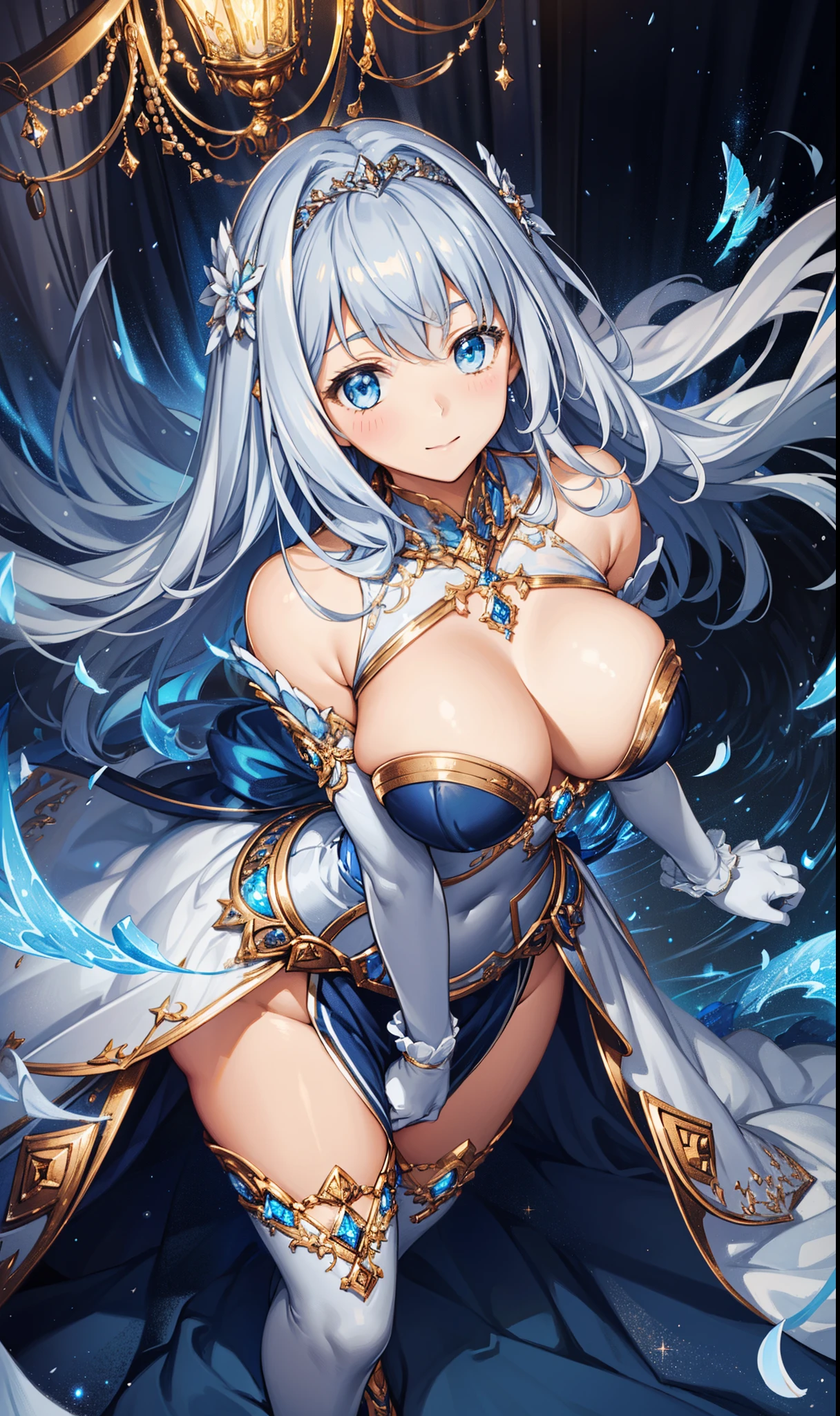 1 girl, (((ultra - detailed))), ((tmasterpiece)), ((lamplight)),having fun, starlightlack gorgeous dress, Curvy woman, veils, Silver skin, The whole atmosphere like a starry night sky, chest circumference, facing the front there,exquisite and beautiful eyes,obsessed,(Transparent clothes),Diamonds adorn clothes
