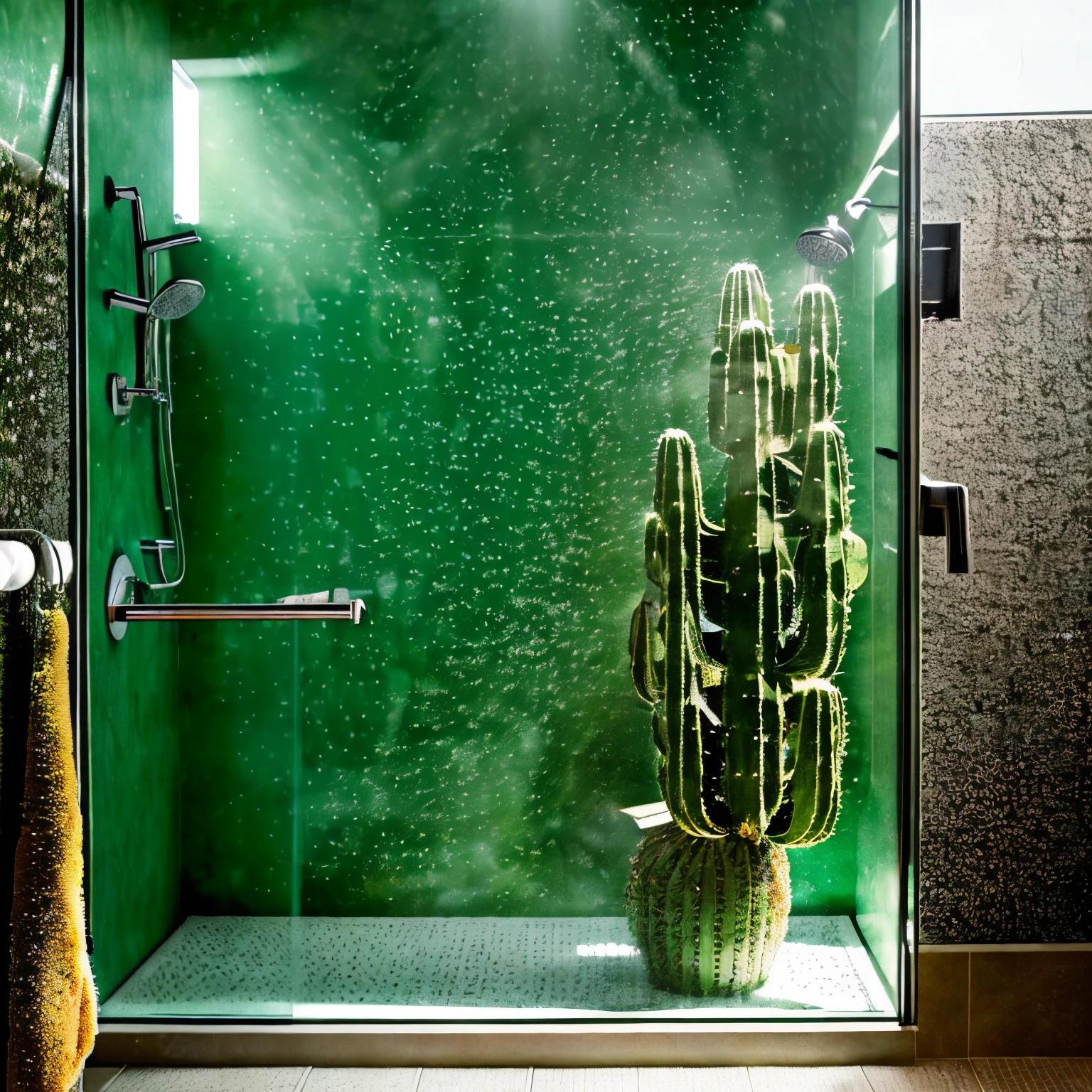 (best quality, highres, photo-realistic:1.37), cactus in shower cabin, shower, single cactus, green and spiky plant, refreshing water droplets, glass enclosure, modern bathroom, natural lighting, indoor gardening, tropical vibe, serene atmosphere