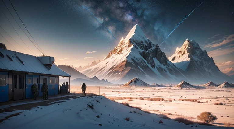 SKN_((Best Quality)), ((Masterpiece)), (Detailed), astronaut,a space ship,The Milky Way in the sky,The Background of the Universe,Planets are visible in the distance,On the surface of the planet, full of magma, Realistic cinematic planet Mars in 4k, post apocalyptic world, Planet Mars, mountain plateau, view from the station platform, Monorail station, military men in blue and black military uniforms stand on the platform, monorail expressway, high-speed train leaving a mountain tunnel, sunset illuminates the mountain range, mountain plateau, Clear starry sky, Sundown, (120 units of radar dishes are located throughout the plateau), in the middle of the plateau, (command and control observation center building, military guard barracks, checkpoint post, space shuttle hangars , launch site for space shuttles, military shuttle fighters, the entire territory of the space observation station and cosmodrome is surrounded by a high fence made of metal mesh and barbed wire, on both sides of the plateau there is a tunnel for a high-speed mono route, mono regular station, a train leaves the tunnel.