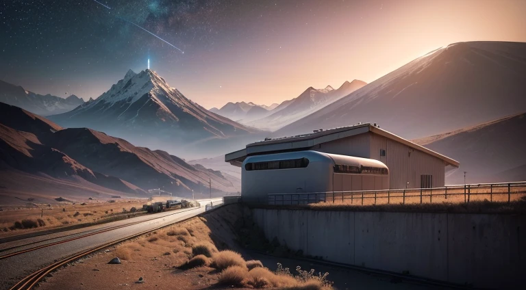 SKN_((Best Quality)), ((Masterpiece)), (Detailed), astronaut,a space ship,The Milky Way in the sky,The Background of the Universe,Planets are visible in the distance,On the surface of the planet, full of magma, Realistic cinematic planet Mars in 4k, post apocalyptic world, Planet Mars, mountain plateau, view from the station platform, Monorail station, military men in blue and black military uniforms stand on the platform, monorail expressway, high-speed train leaving a mountain tunnel, sunset illuminates the mountain range, mountain plateau, Clear starry sky, Sundown, (120 units of radar dishes are located throughout the plateau), in the middle of the plateau, (command and control observation center building, military guard barracks, checkpoint post, space shuttle hangars , launch site for space shuttles, military shuttle fighters, the entire territory of the space observation station and cosmodrome is surrounded by a high fence made of metal mesh and barbed wire, on both sides of the plateau there is a tunnel for a high-speed mono route, mono regular station, a train leaves the tunnel.