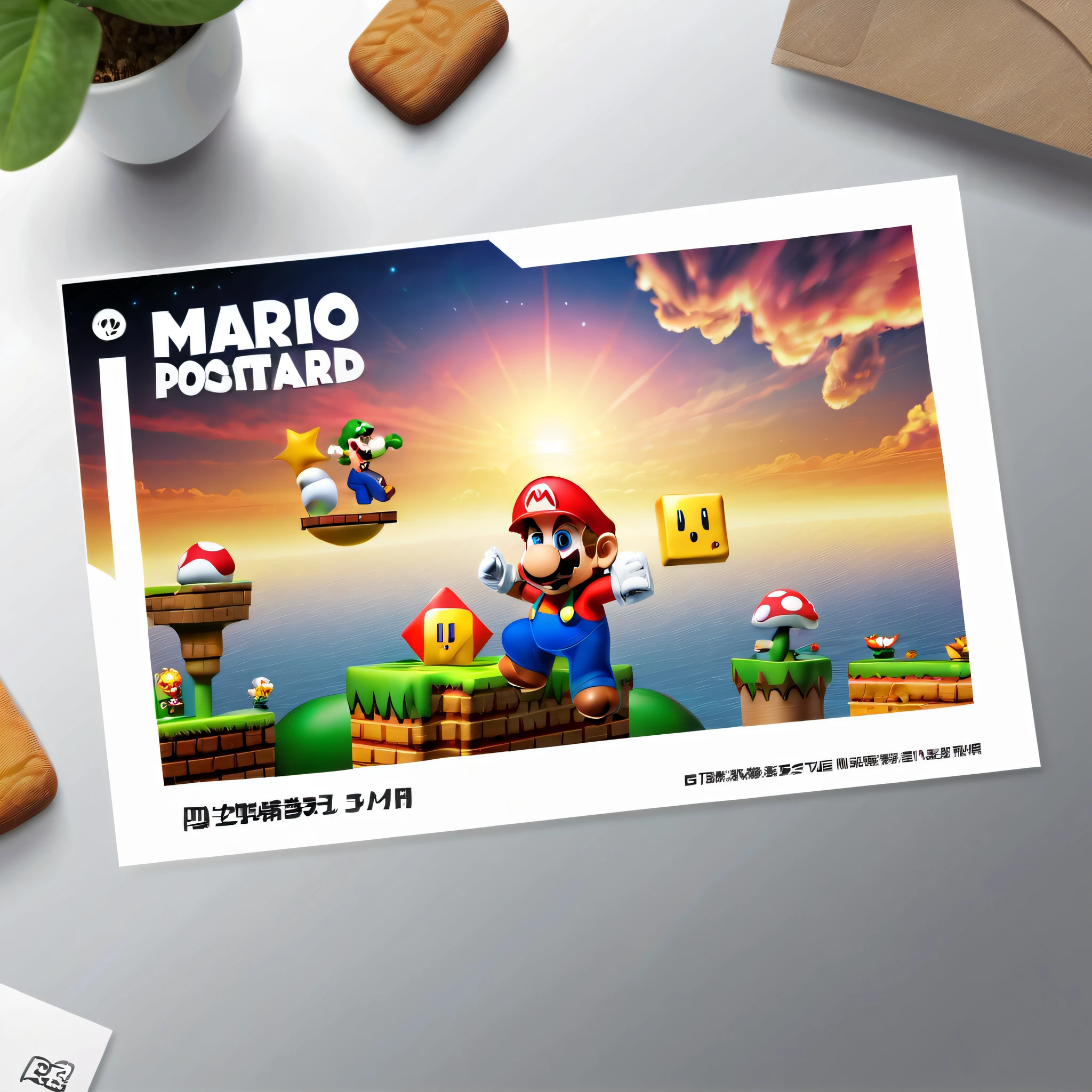 (There a beautiful postcard on the table: 1.5), Super Mario image on the front, Traditional text format and graphics on the back,senior color matching,gradient backgrounds,white border frame,The content very detailed,Reasonable design,Clear lines,High- sharpnesest quality at best,tmasterpiece,offcial art,movie light effect,4K