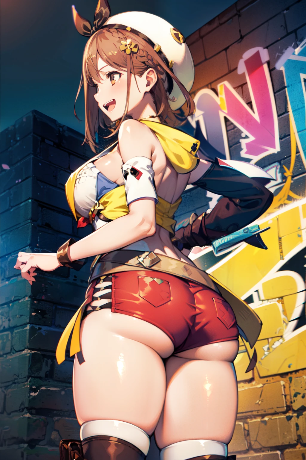 masterpiece, best quality, high resolution, extremely detailed CG, 2ndDefault, Asymmetrical Designed Costume, bare thighs, belt, breasts, ass, laughing, graffiti